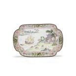 A painted enamel 'European ship' quatrefoil tray Qianlong