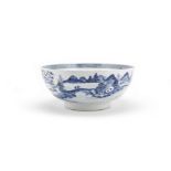 A large blue and white 'landscape' punch bowl 18th century