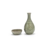 A Korean inlaid celadon bowl and an inlaid celadon vase Goryeo Dynasty and later (2)