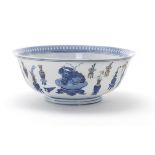 AN UNDERGLAZE BLUE, POLYCHROME ENAMEL AND GILT 'HUNDRED ANTIQUES' BOWL Daoguang six-character mar...