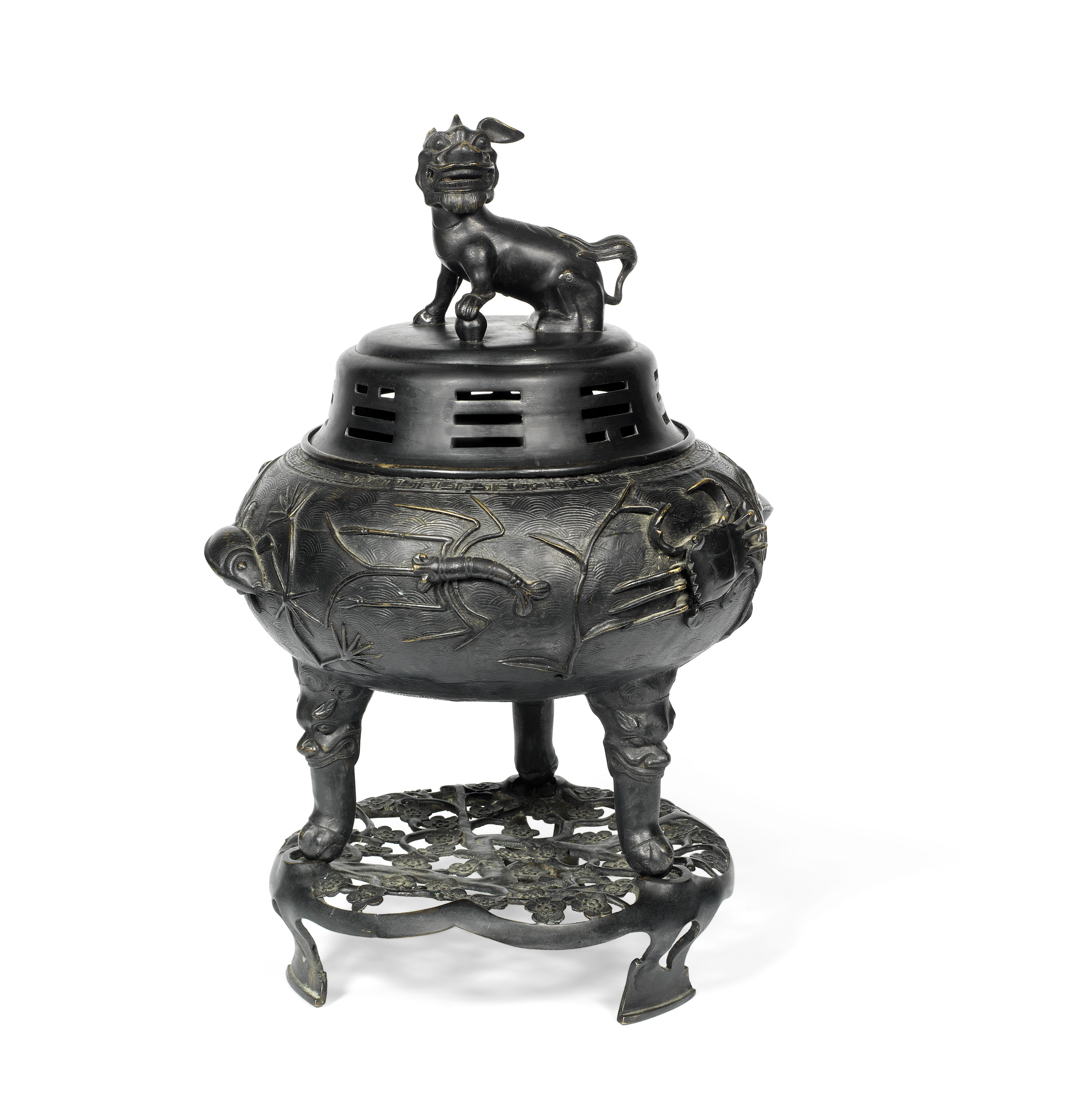 A large bronze incense burner, cover and stand Dated by inscription 12th year of Guangxu (1887) (3)