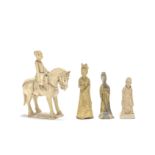 A straw glazed equestrienne and three pottery figures Sui/Tang Dynasty (4)