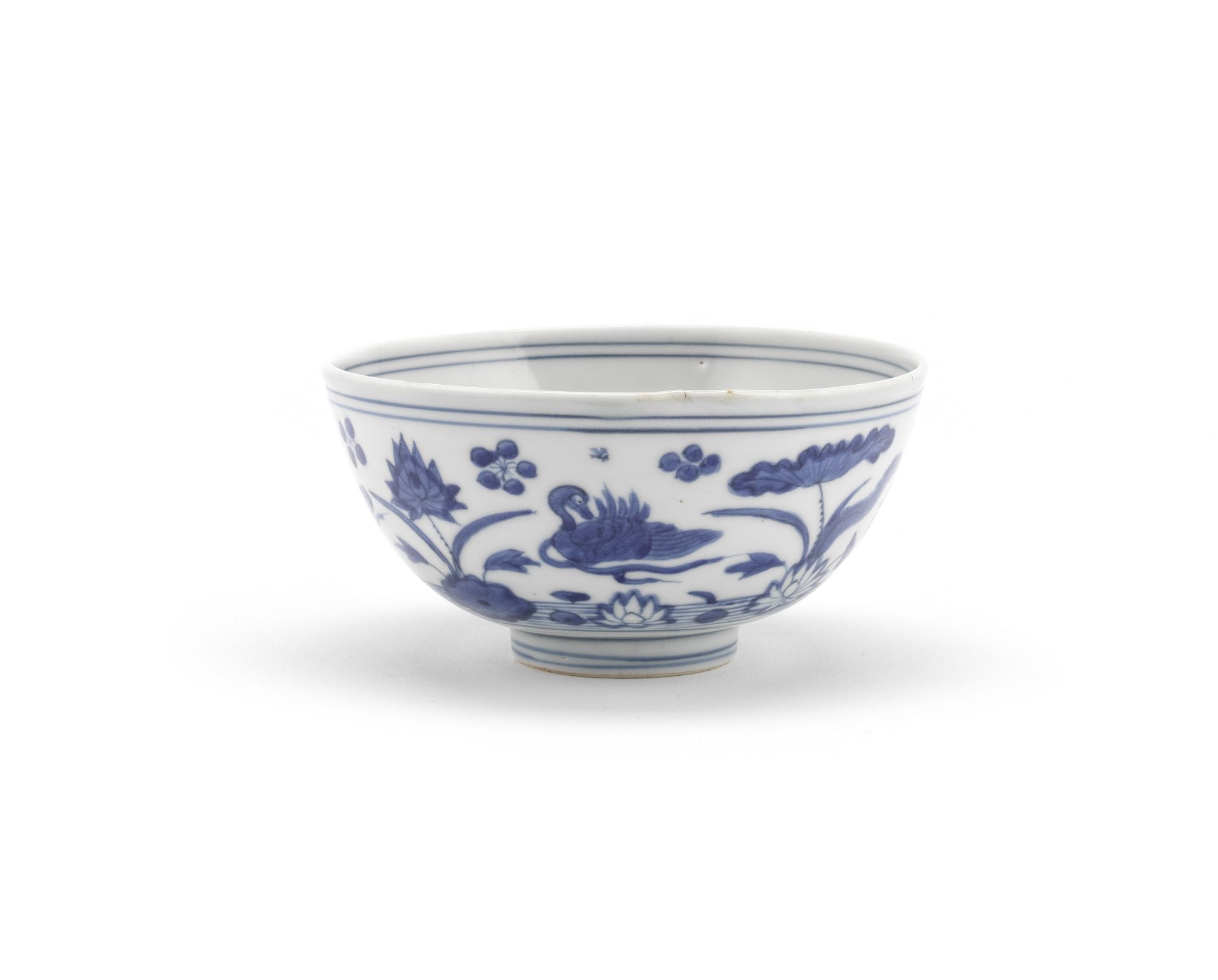 A blue and white 'lotus pond' bowl Changming fugui four-character mark, 16th century