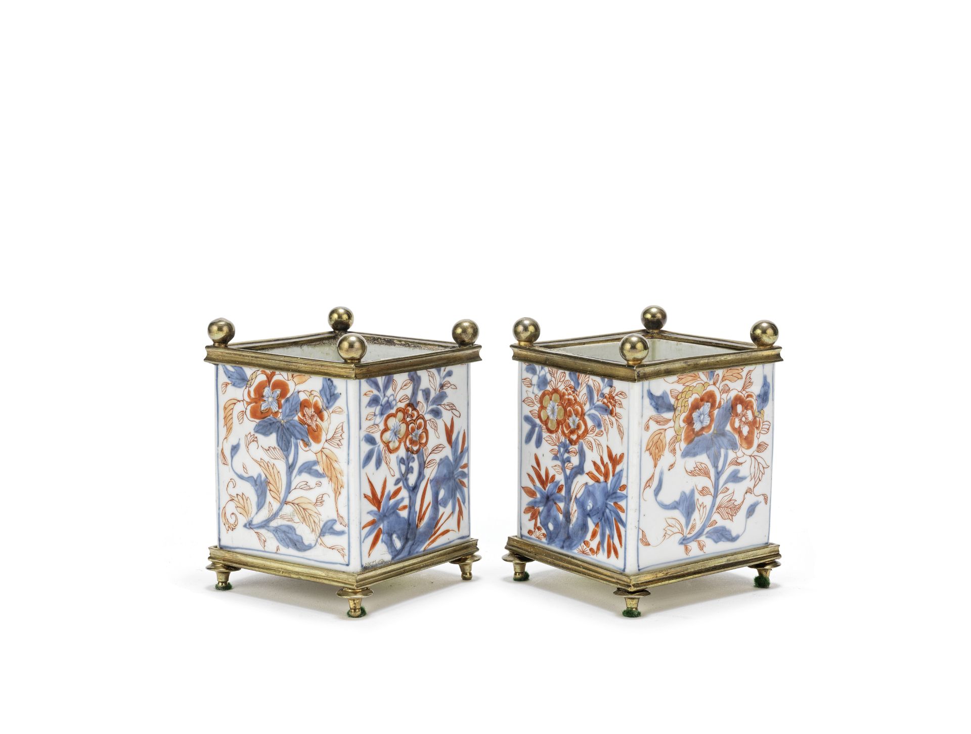 A pair of gilt-bronze mounted Chinese Imari square jardinieres The porcelain 18th century (2)