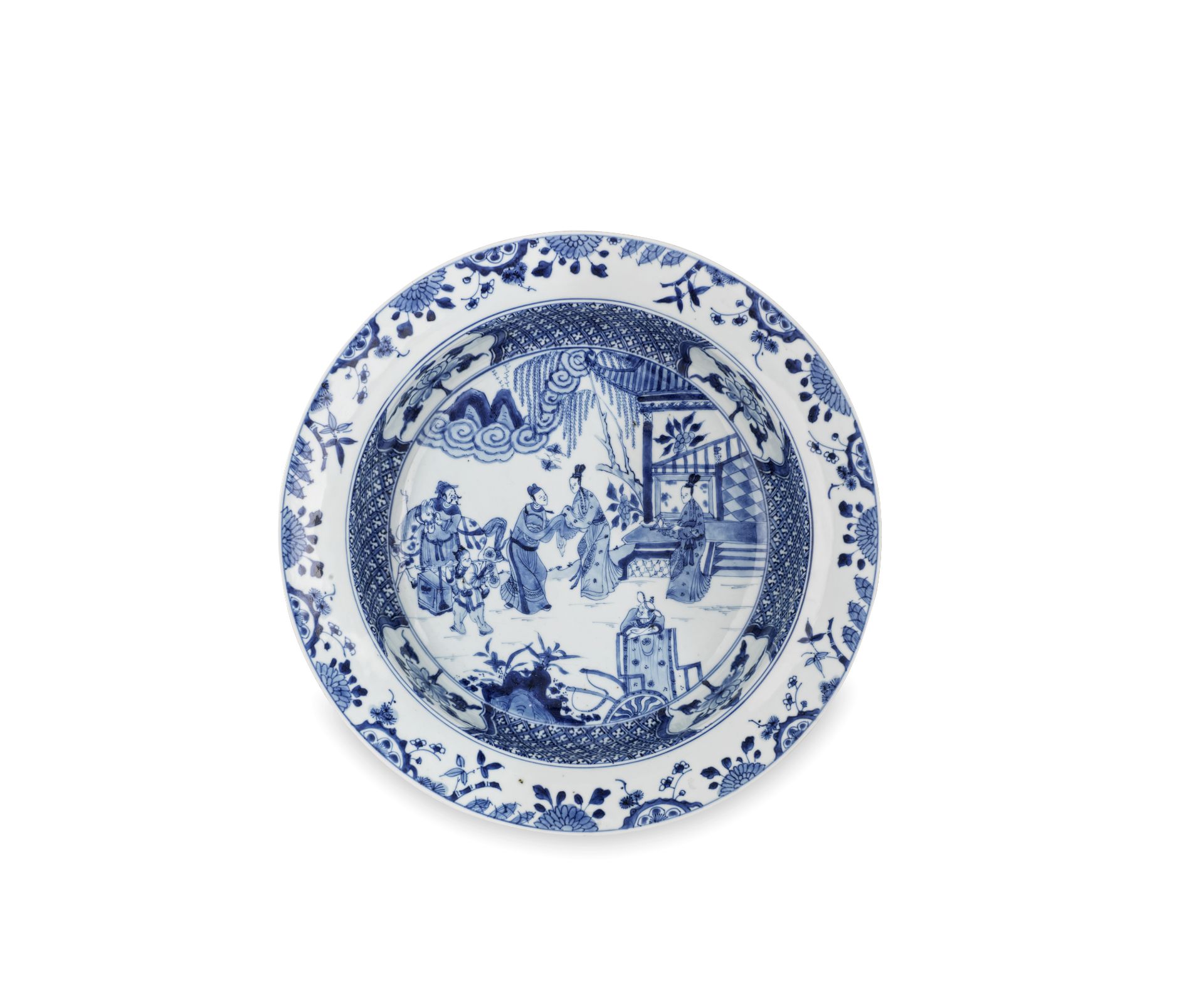 A blue and white 'Romance of the Western Chamber' basin Kangxi