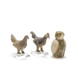 Two grey pottery models of a cockerel and hen; and a partly glazed owl-form jar and cover Norther...