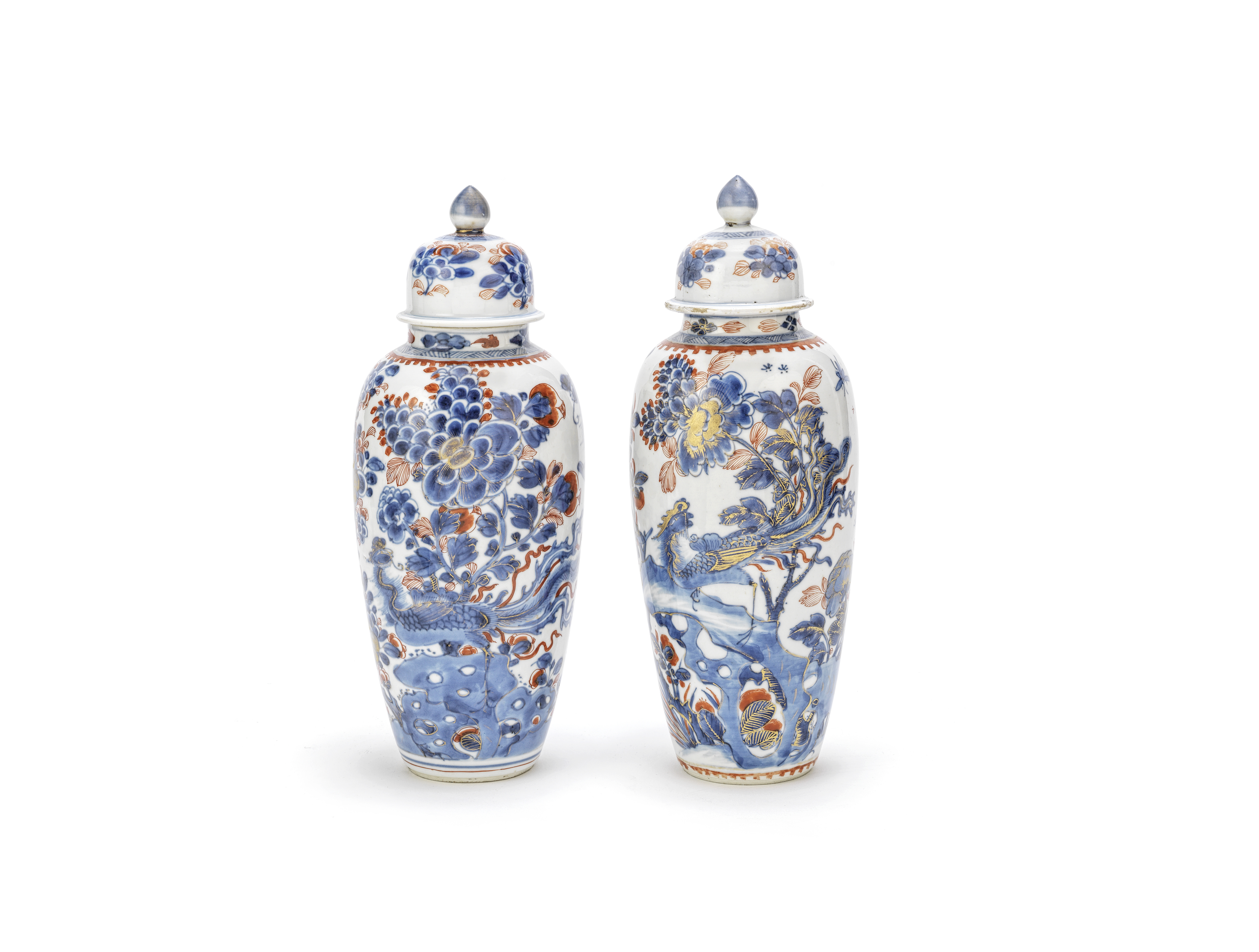 A pair of Chinese Imari slender oviform jars and covers 18th century (4)