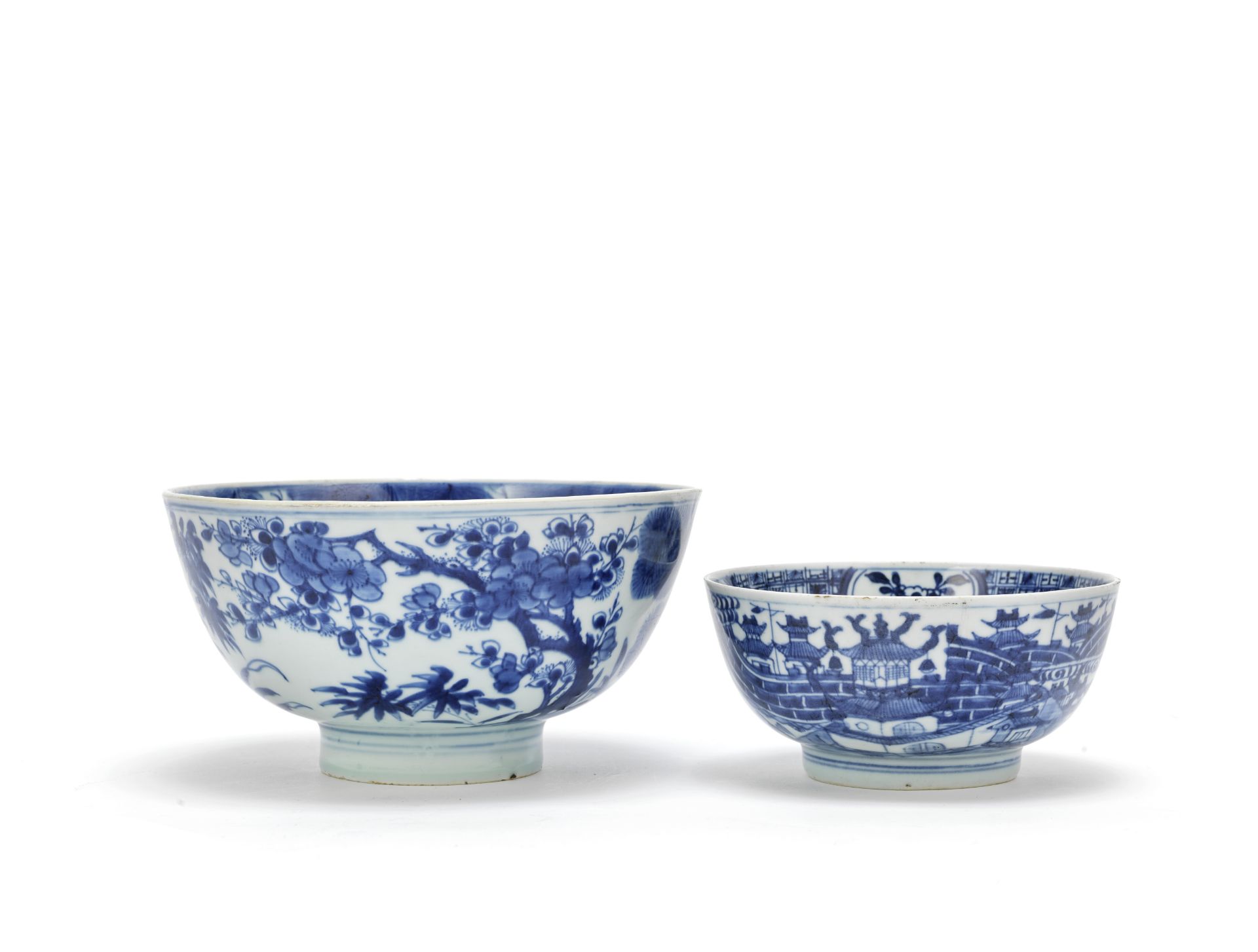 Two blue and white bowls One with Shendetang Bogu zhi mark, the other with Yongle four-character ...