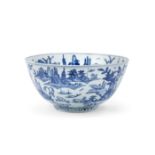 A large blue and white 'landscape' bowl Wanli