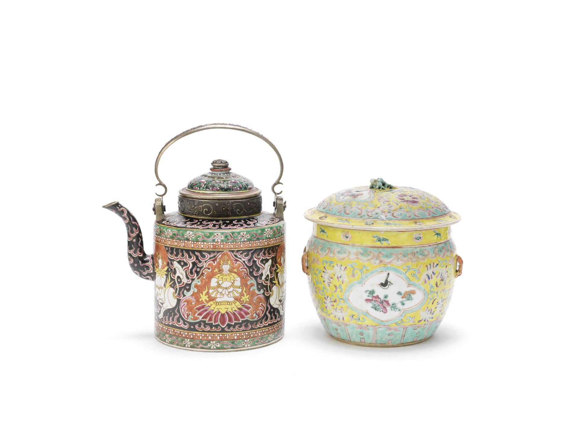 A bencharong 'thep phanom' ewer and cover and a yellow ground Peranakan bowl and cover 19th centu...