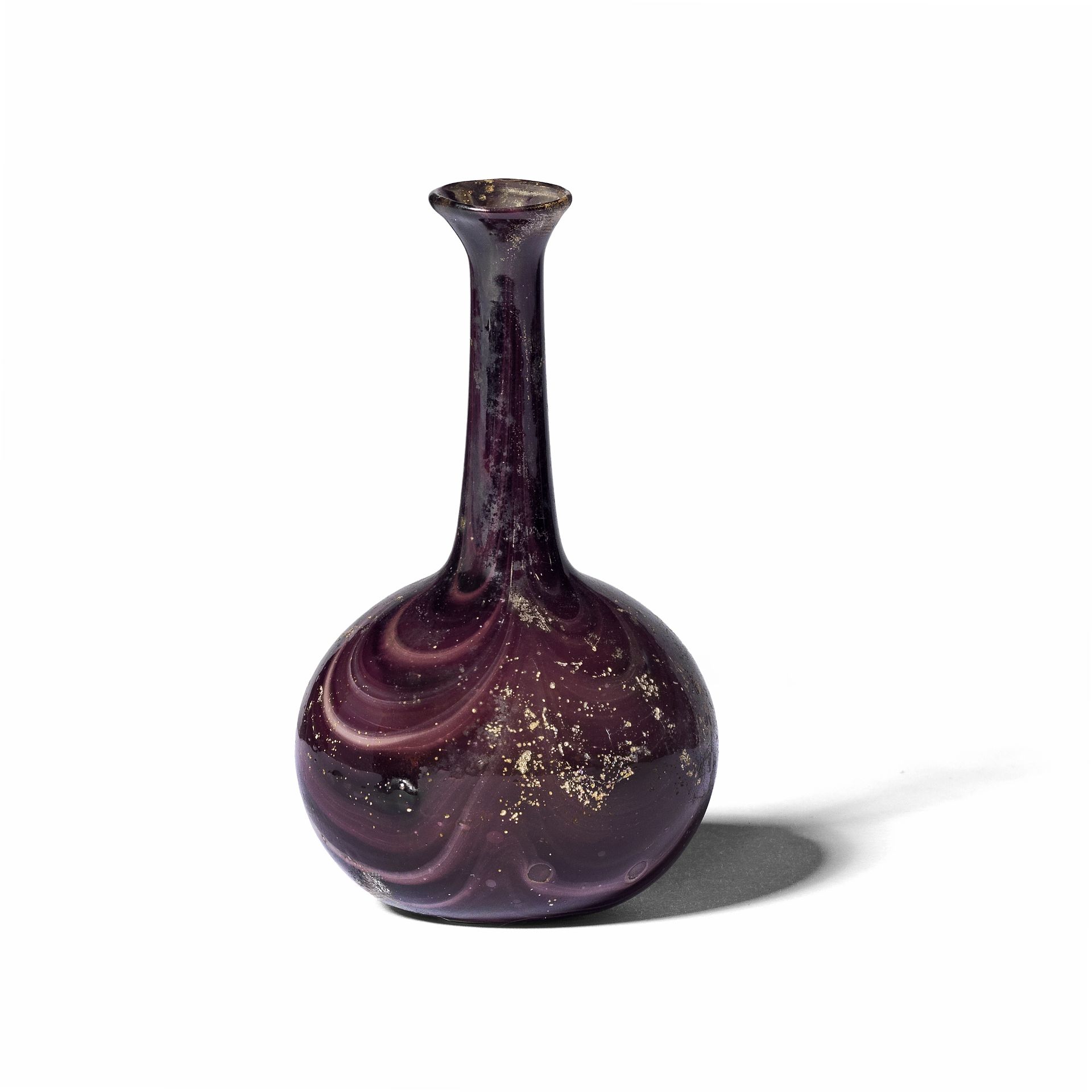 A Roman aubergine and white marbled glass bottle