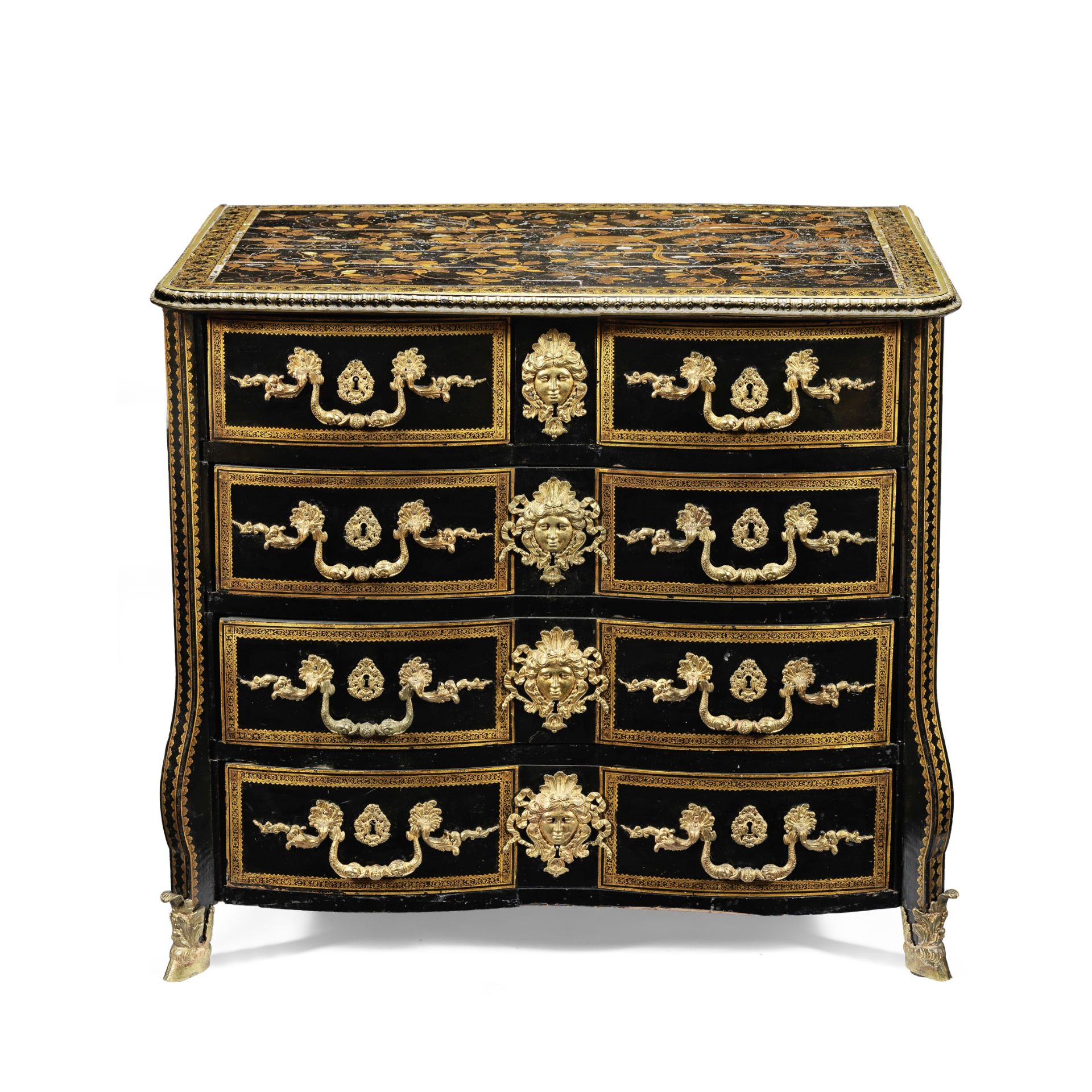 A Louis XIV Black-Lacquer, mother of pearl inlaid and Gilt bronze mounted commode