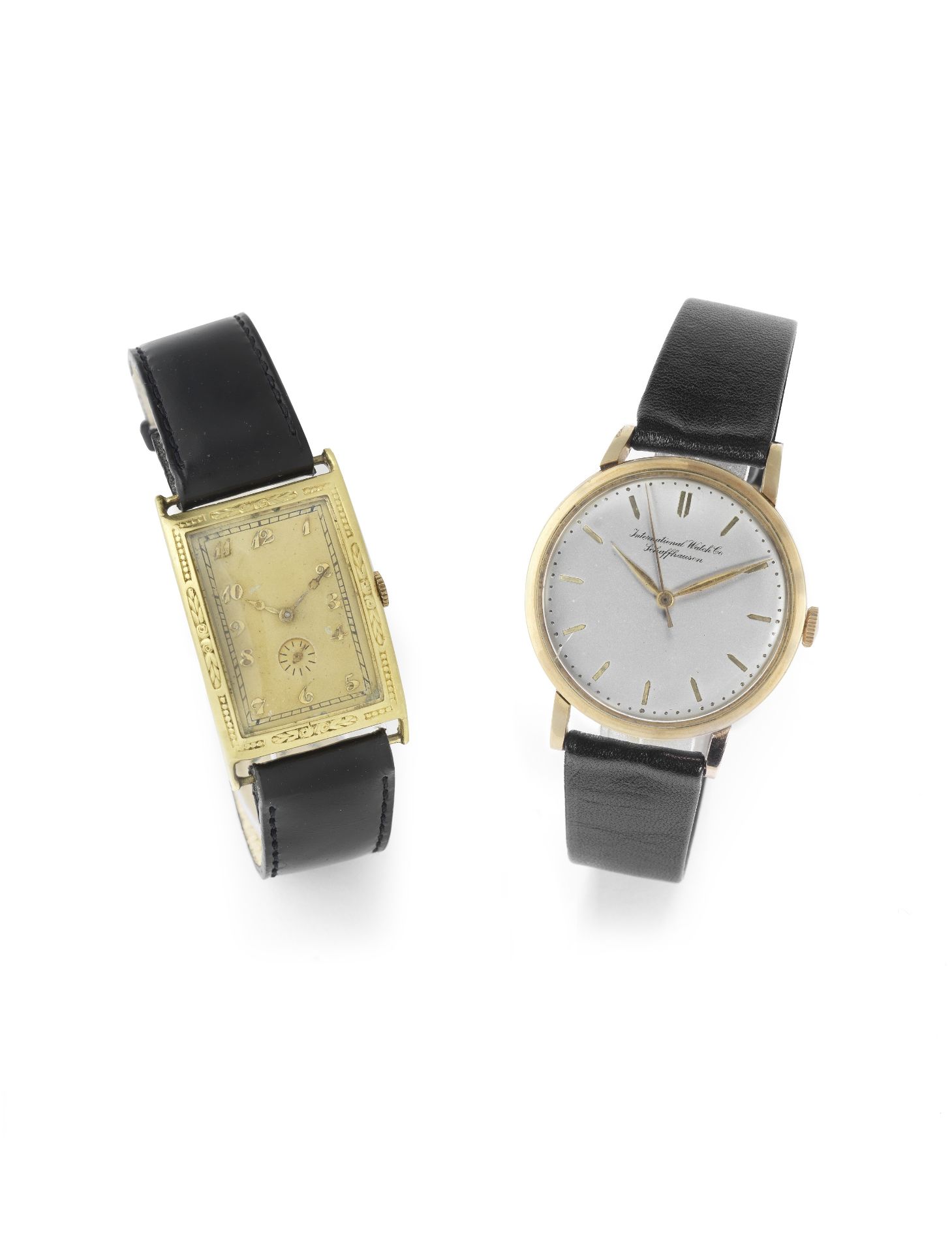 The International Watch & Co. An 18K gold manual wind rectangular wristwatch with further Interna...
