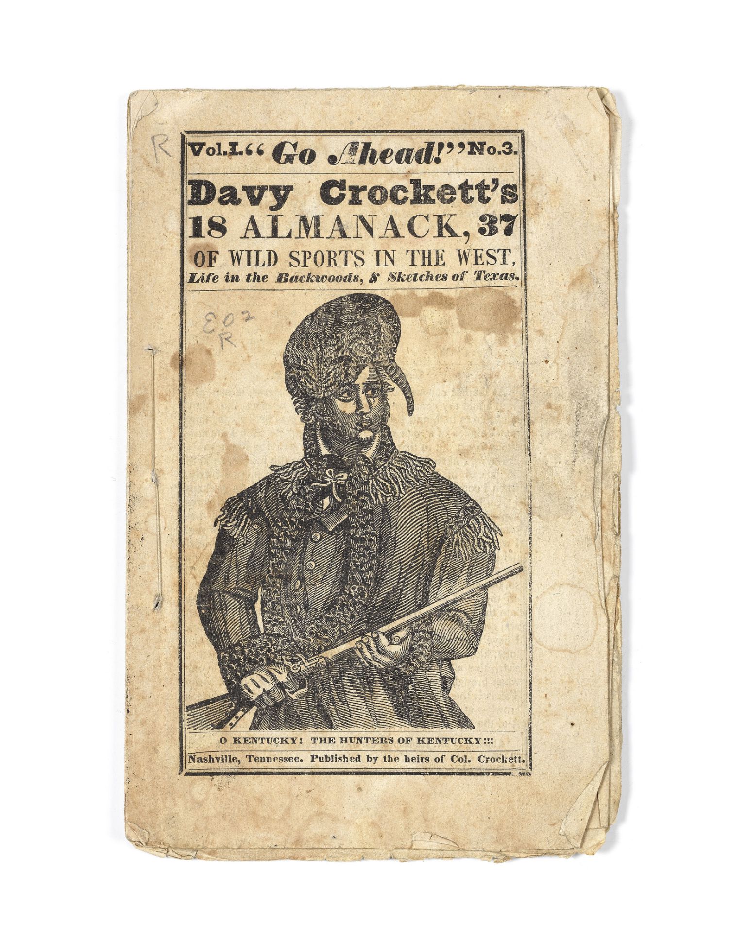 CROCKETT (DAVID) Davy Crockett's Almanack of Wild Sports in the West, vol. 1, no. 3, Nashville, T...