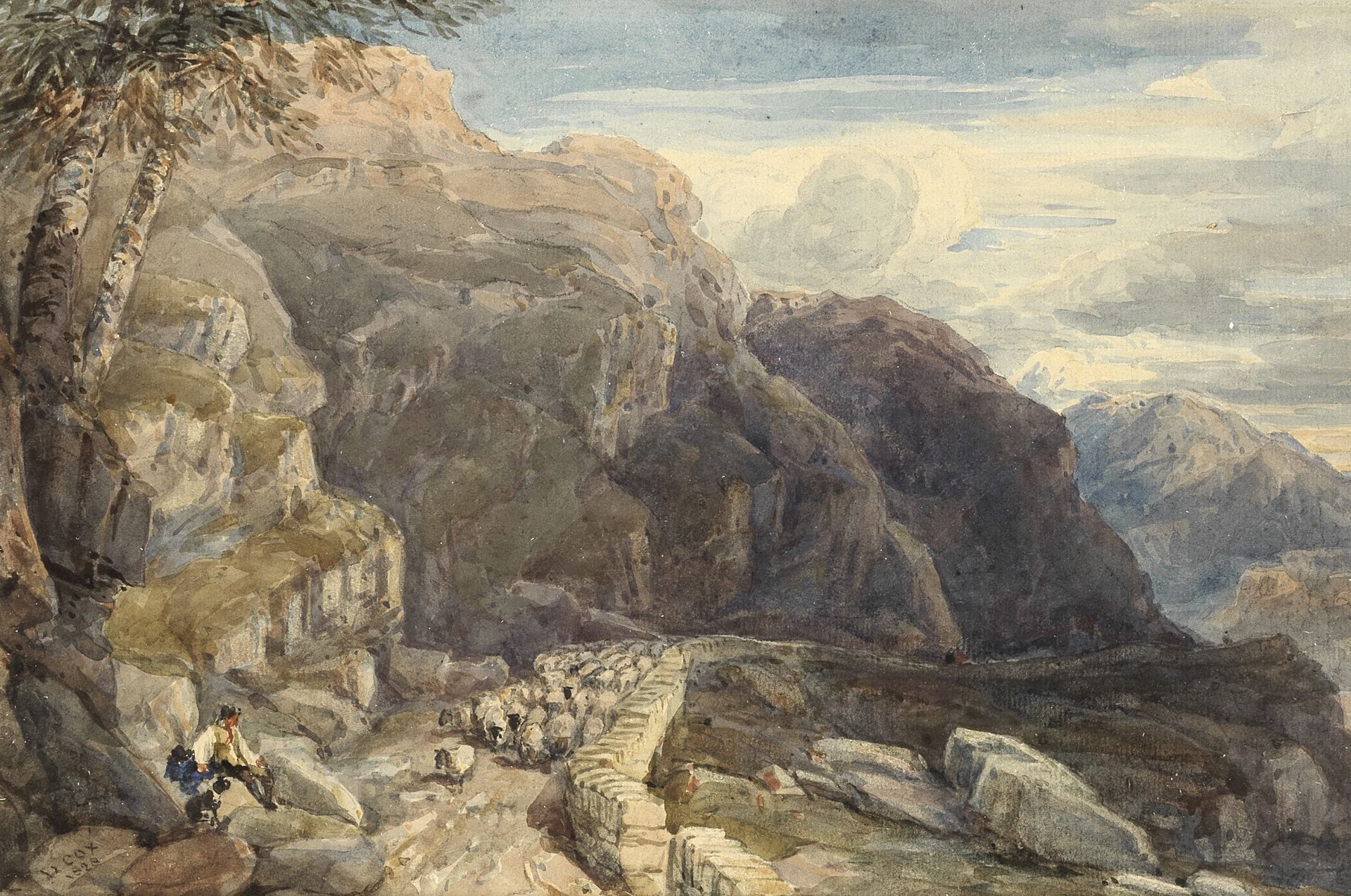 David Cox Snr. O.W.S. (British, 1783-1859) Shepherd and his Flock on a Mountain Road, Wales