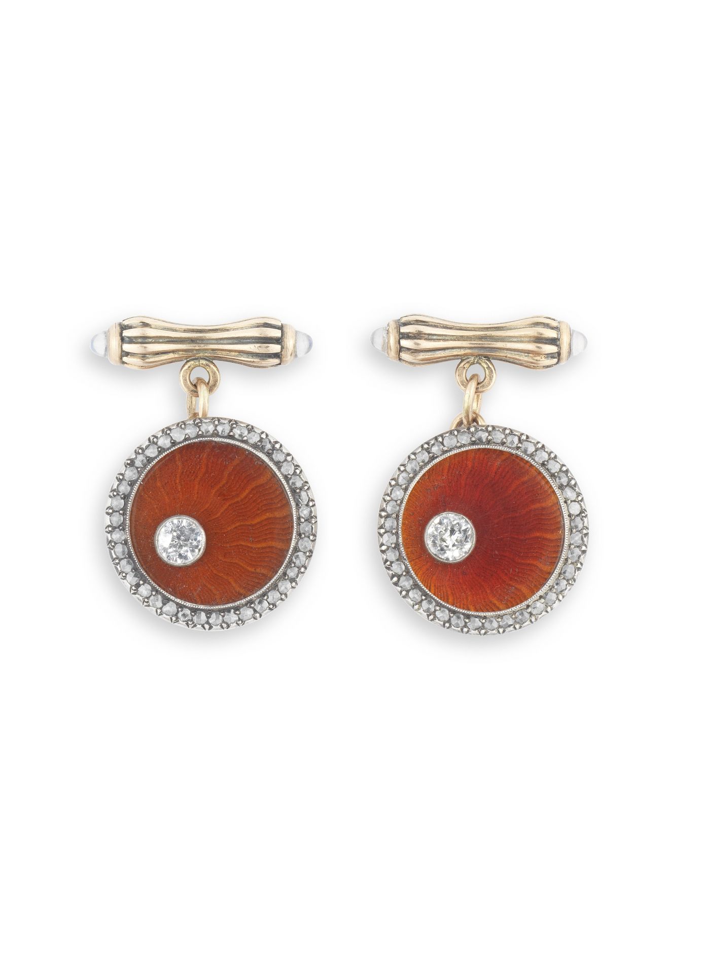 A pair of diamond-set rose-gold and enamel guilloché cufflinksFabergé, workmaster August Hollming...