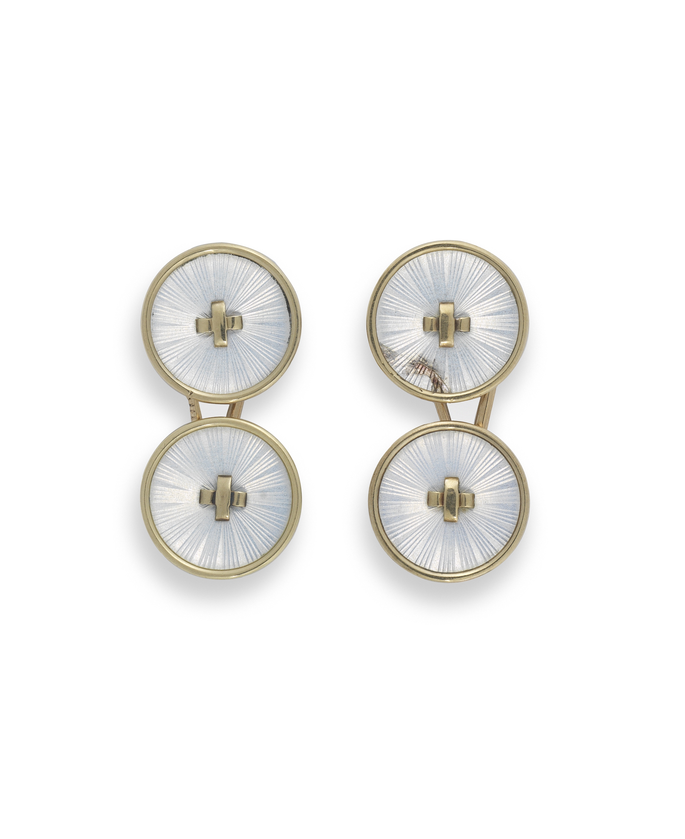 A pair of gold and guilloché enamel cufflinksbearing marks for Faberge, Moscow, 1899-1908