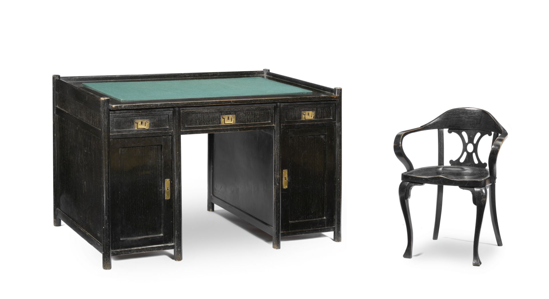 An Ebonised Twin Pedestal Desk and Ebonised Open Armchair by Jacob & Josef Kohn (2)