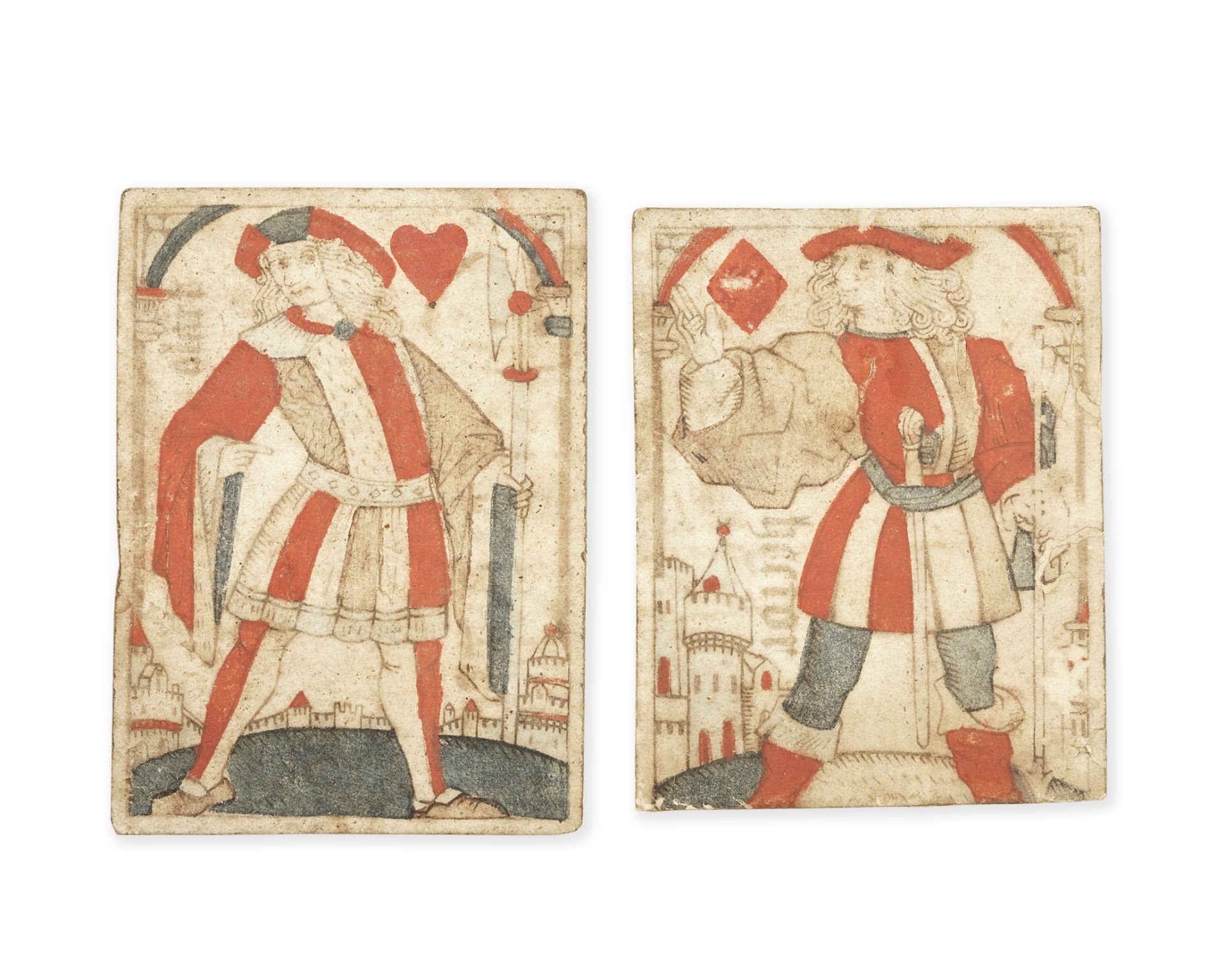 PLAYING CARDS Jack of Hearts 'Alart'; Jack of Diamonds 'Hector', , [Lyon?, early 16th century]