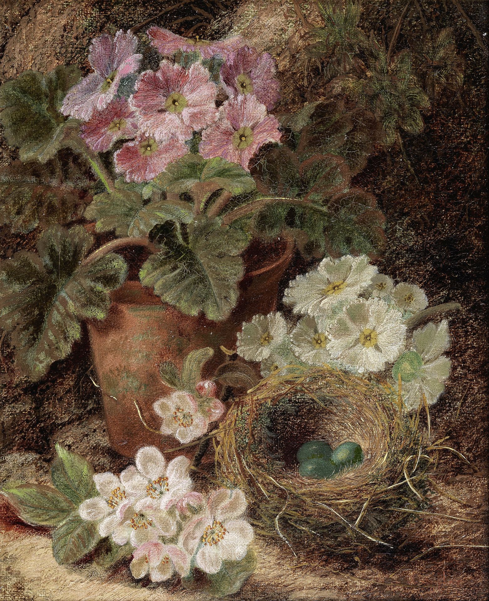 Oliver Clare (British, 1853-1927) Still life of flowers and a bird's nest; Still life of fruit ea...