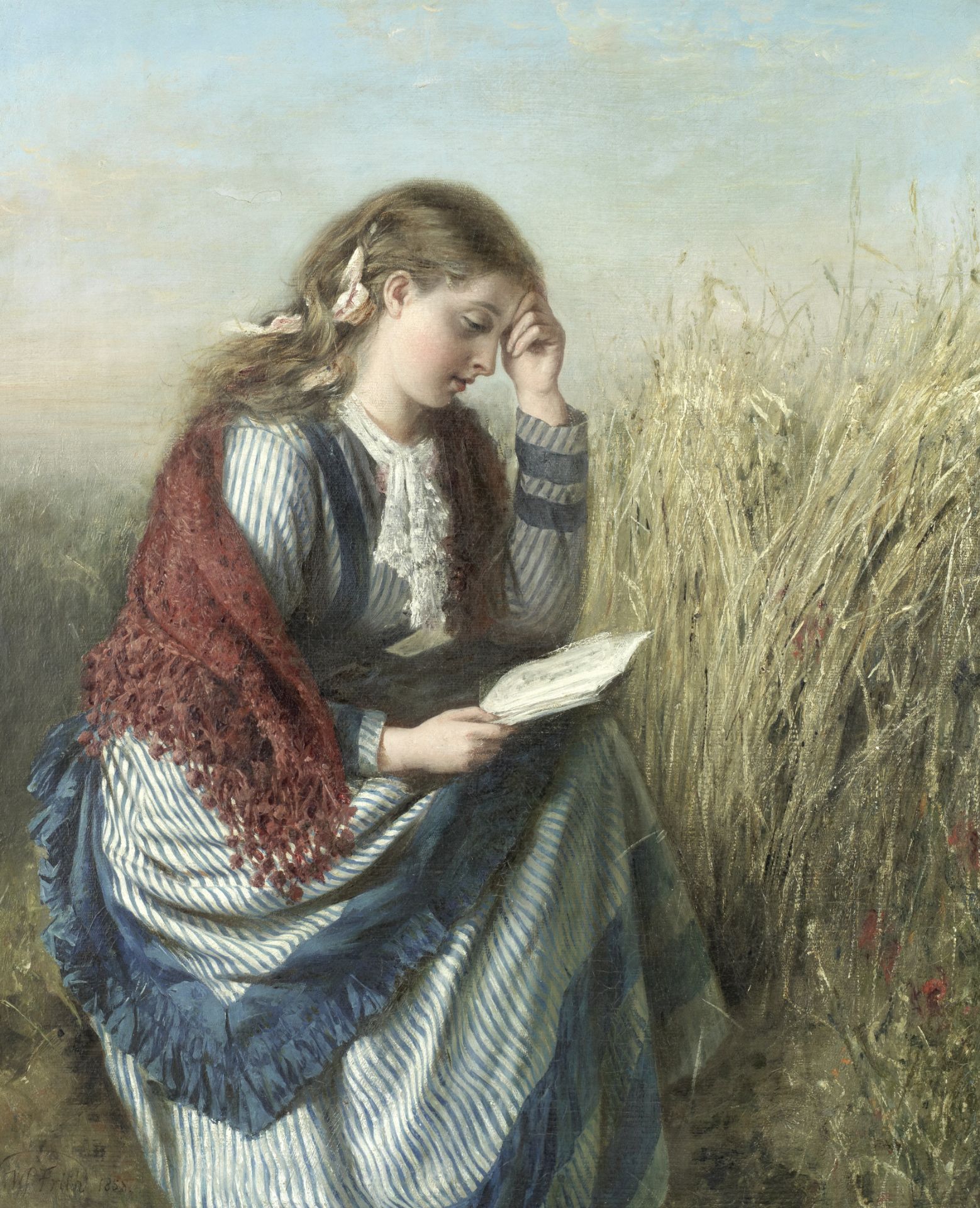 English School, 19th century A girl reading in a cornfield