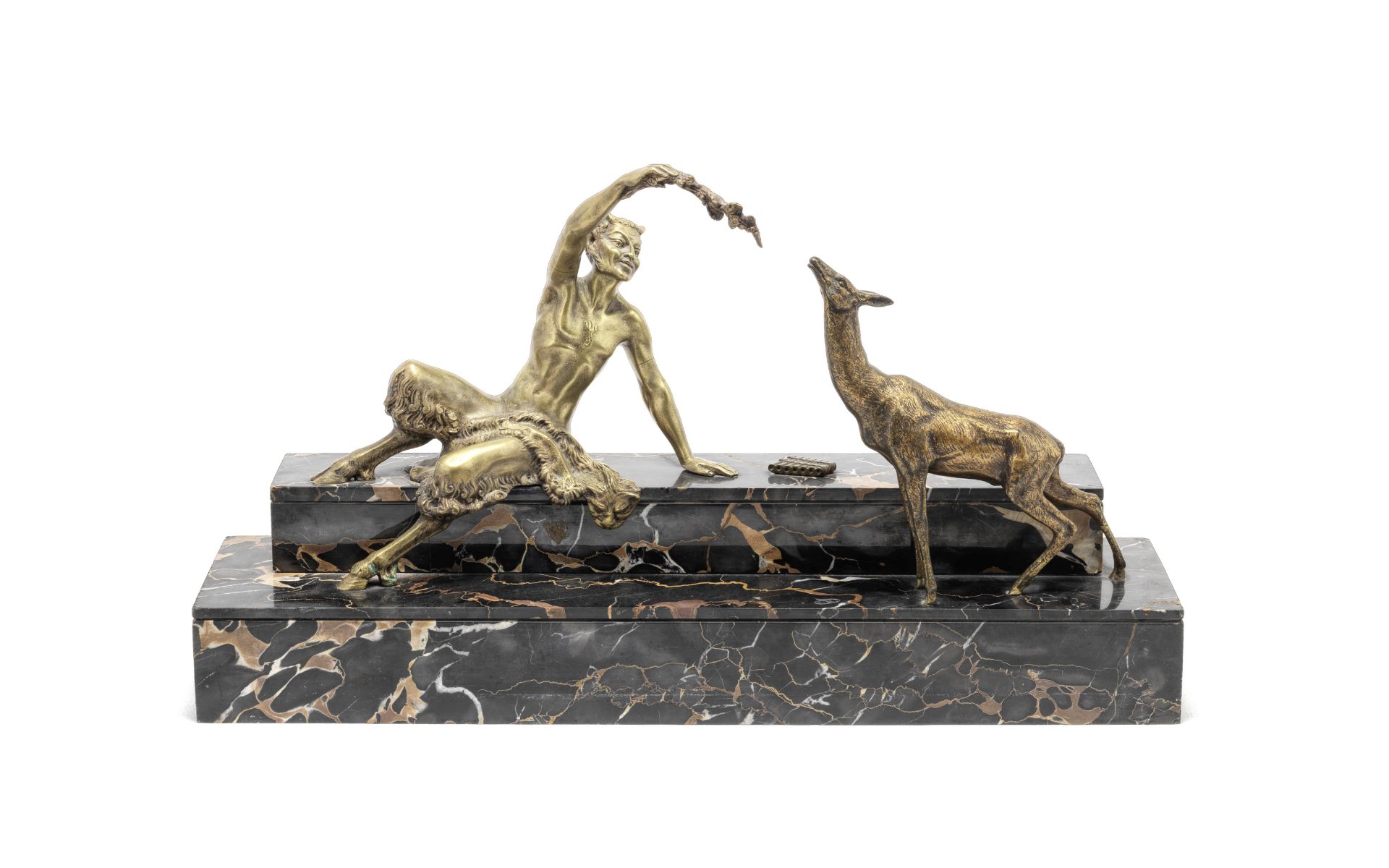 Marcel Andre Bouraine (French, 1886-1948): A gilt and shaded bronze model of a satyr and faun ci...