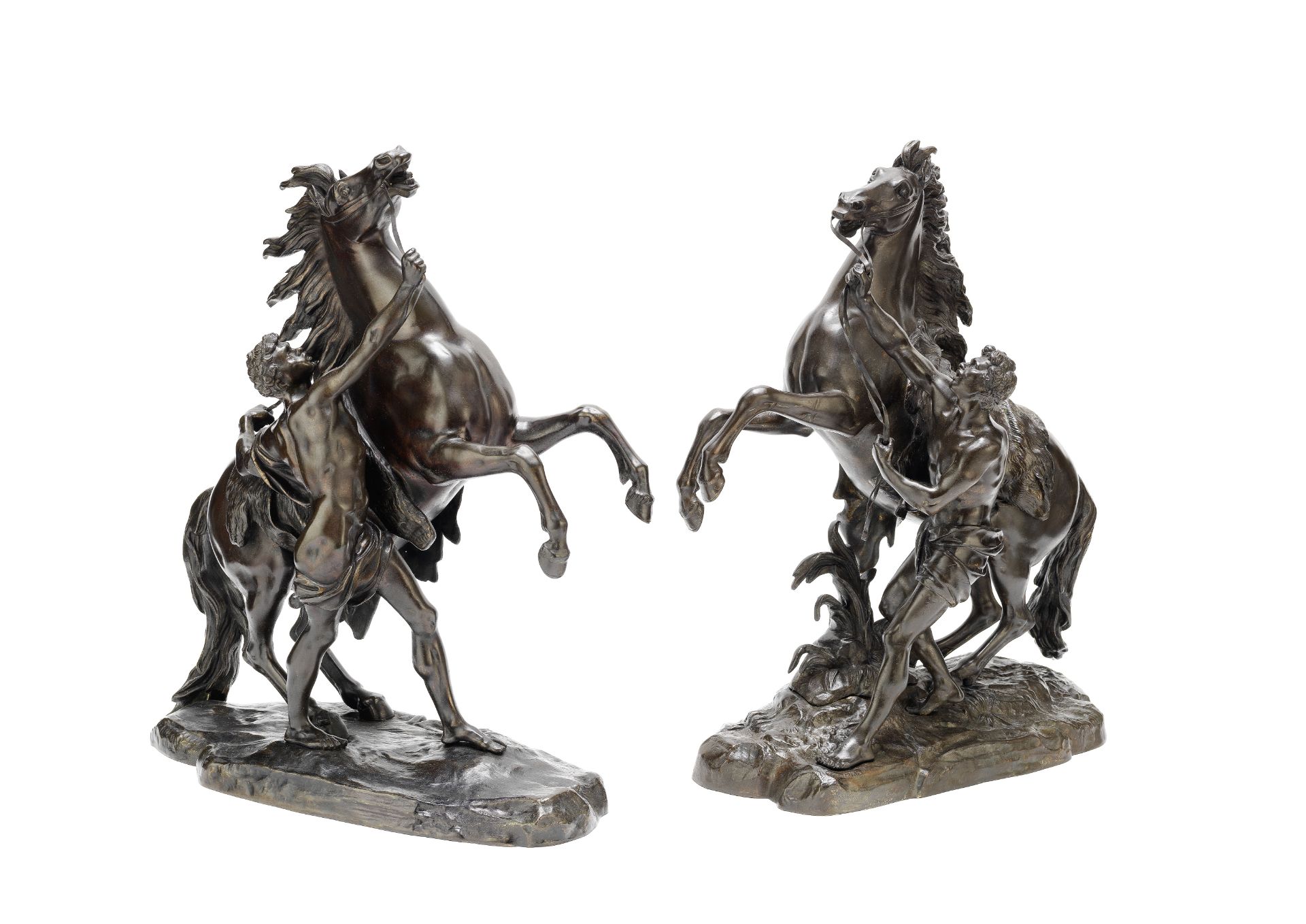 AFTER GUILLAUME COUSTOU (FRENCH, 1677-1746): A PAIR OF BRONZE MODELS OF THE 'MARLEY HORSES', (2)