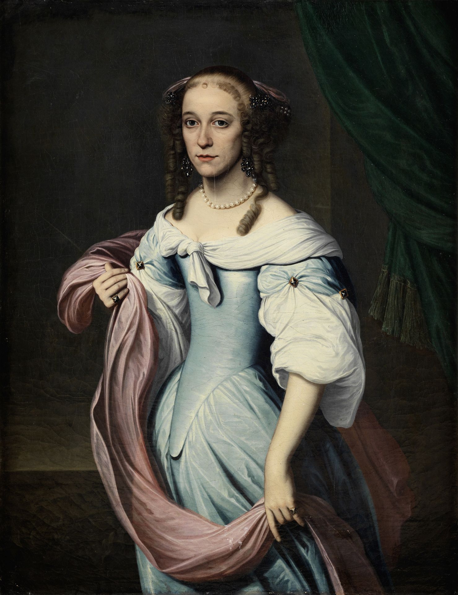 English School, 19th Century Portrait of a lady, three-quarter length, in a blue dress