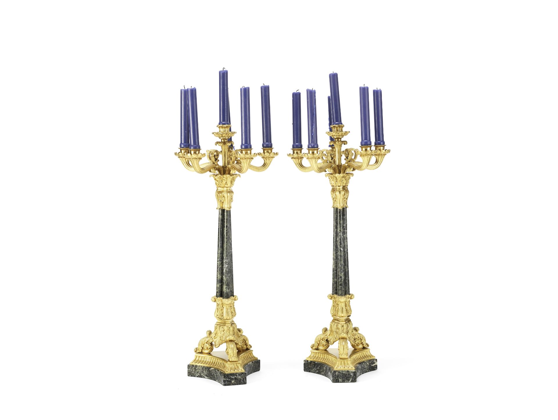 A pair of 19th century French gilt bronze and verdi antico six light garniture candelabra (2)