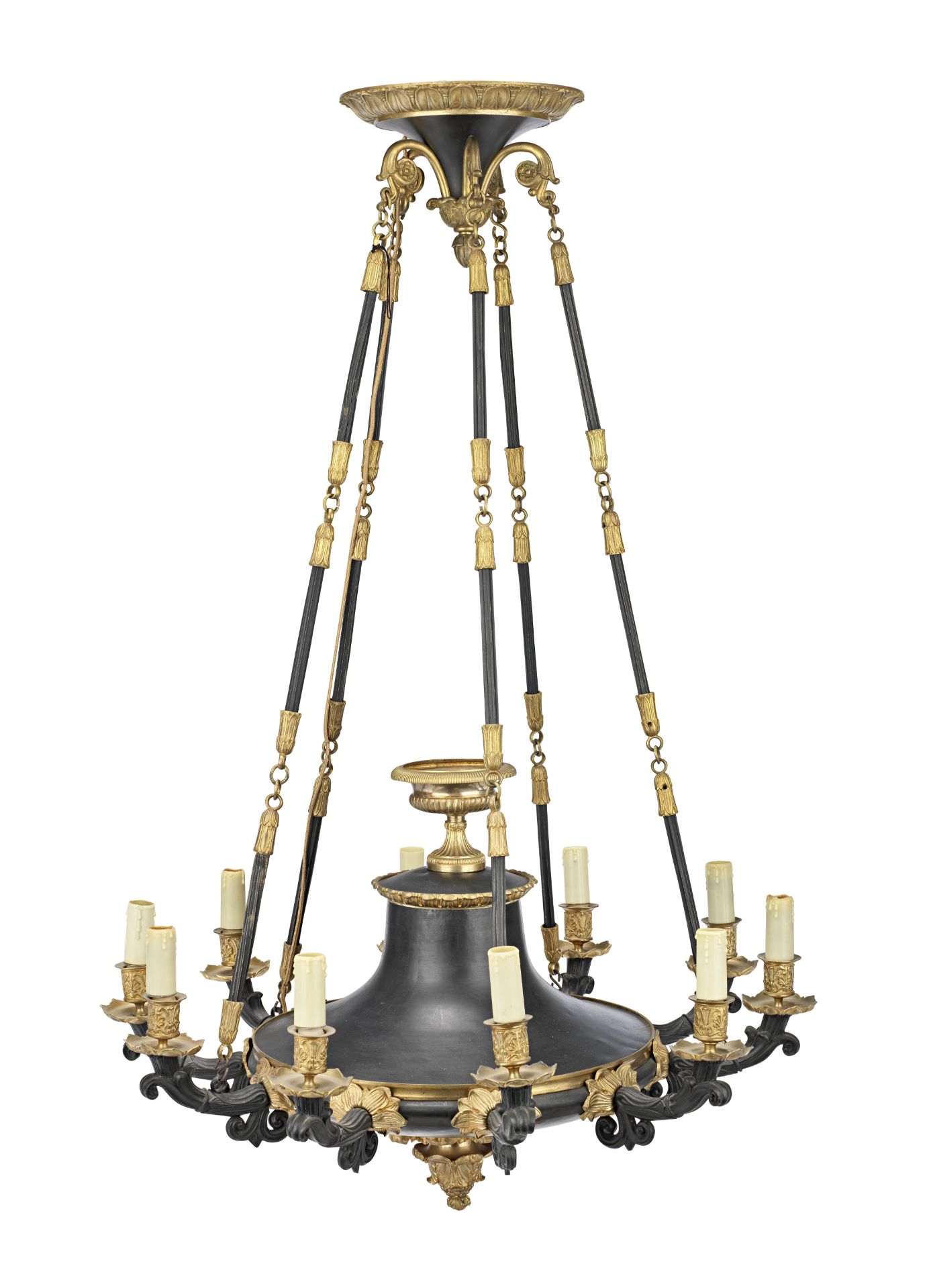 A French mid 19th century gilt and patinated bronze ten-light chandelier