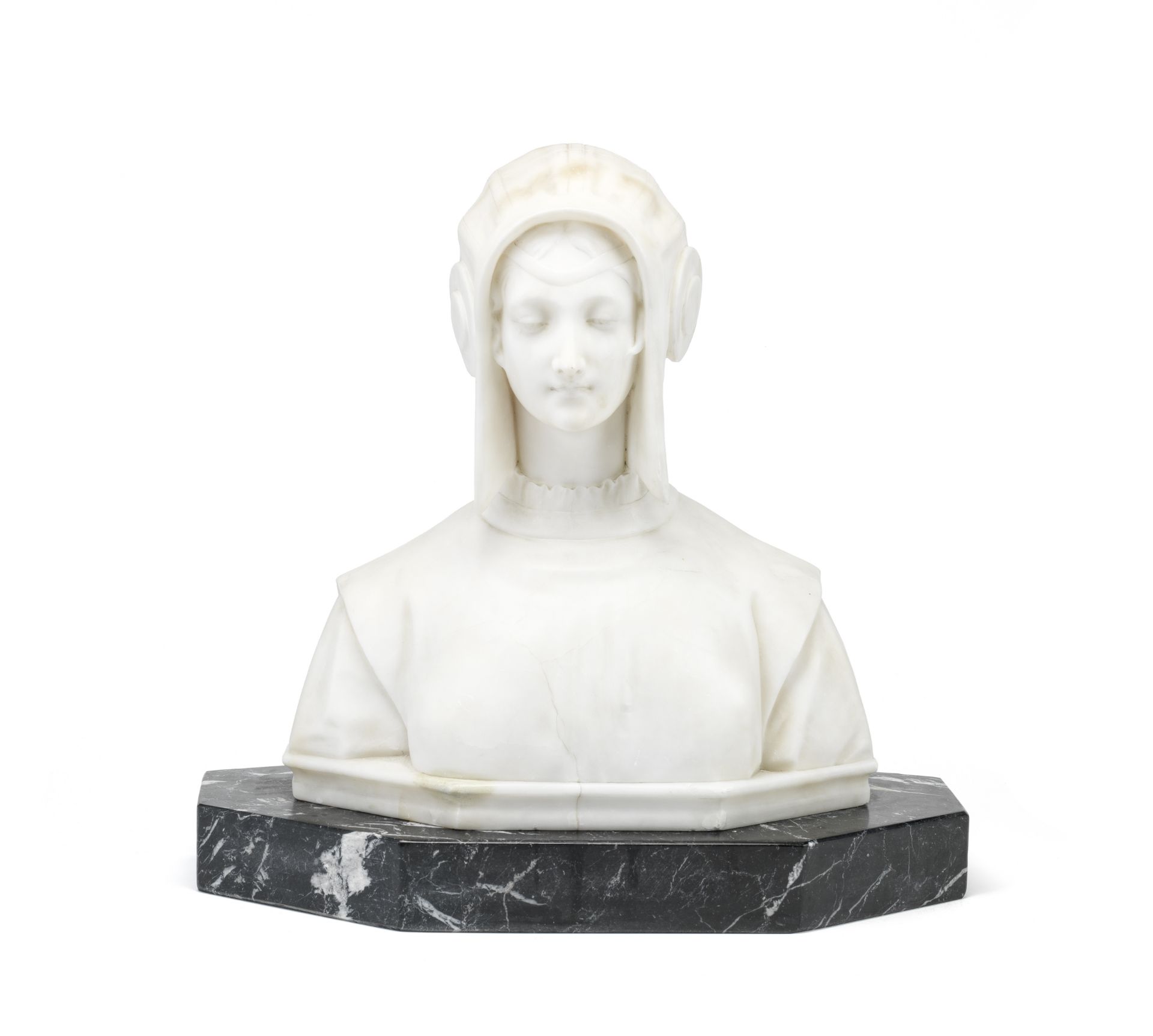 A Florentine early 20th century carved marble portrait bust of Dante's Beatrice Retailed by the R...