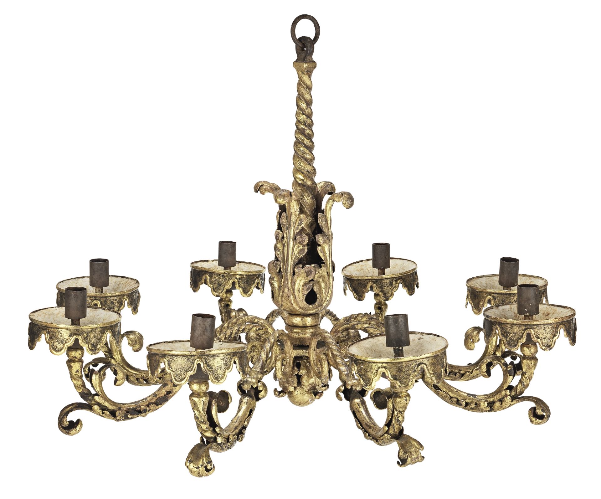 A gilded wrought iron and pressed metal eight light chandelier in the Baroque taste, probably Fre...