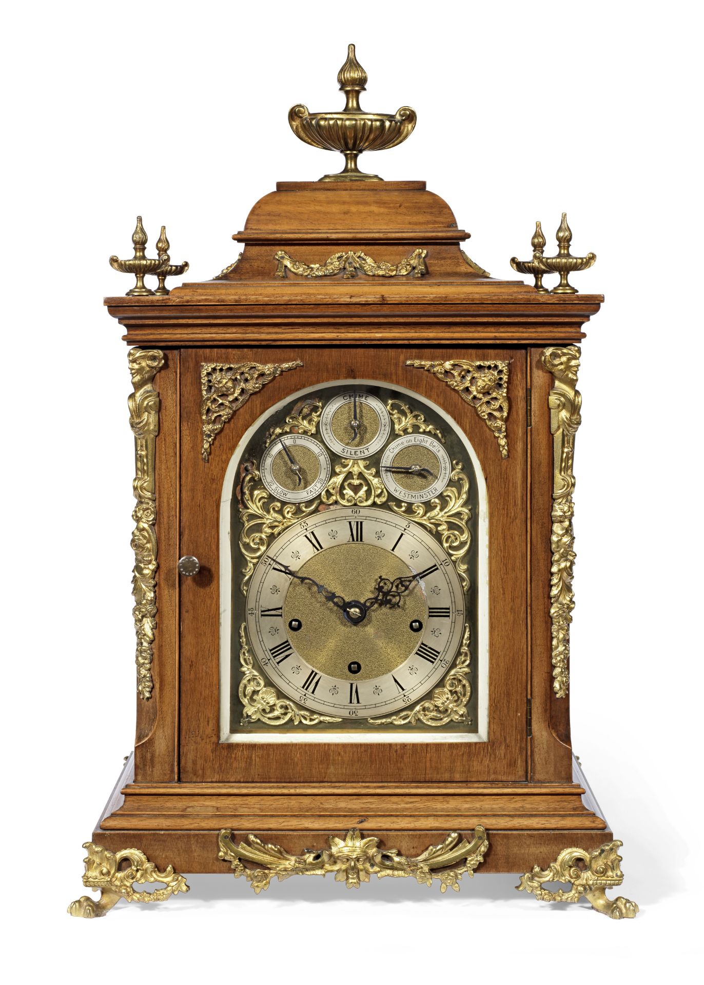 A late 19th century German gilt metal mounted mahogany quarter chiming table clock Peerless, numb...