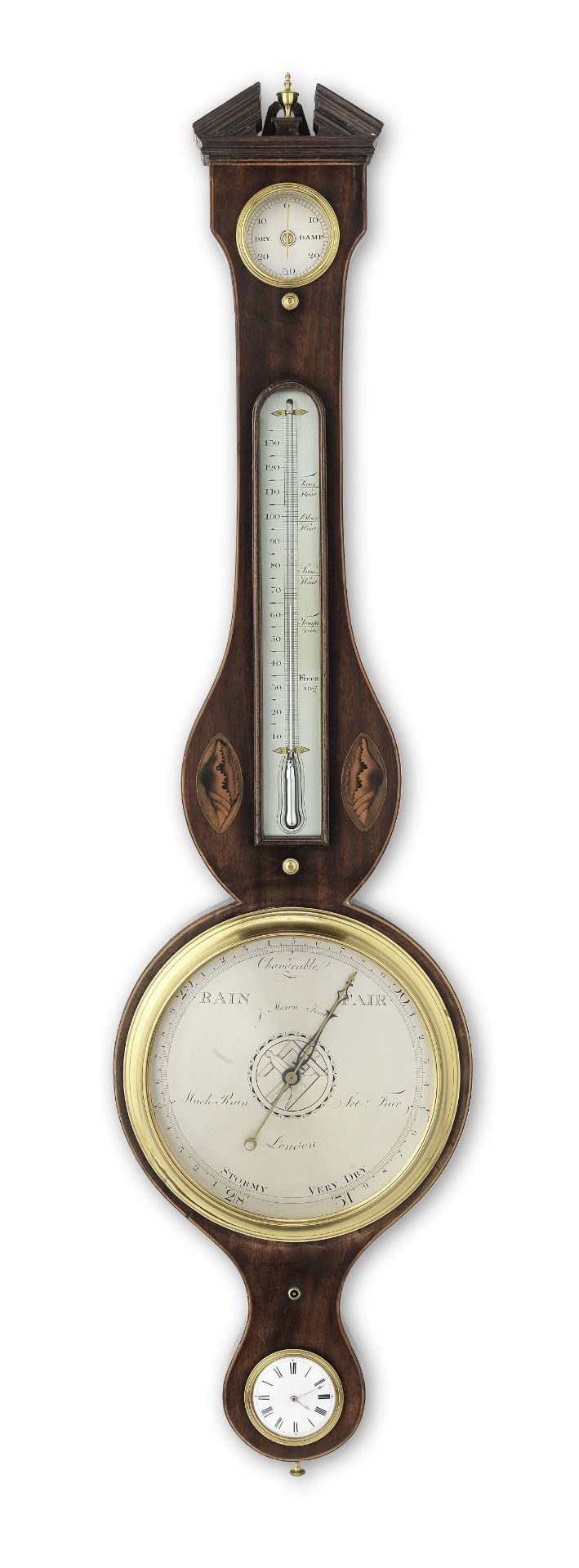 A rare late 18th century mahogany wheel barometer with inset watch signed J. Moxon fecit, London