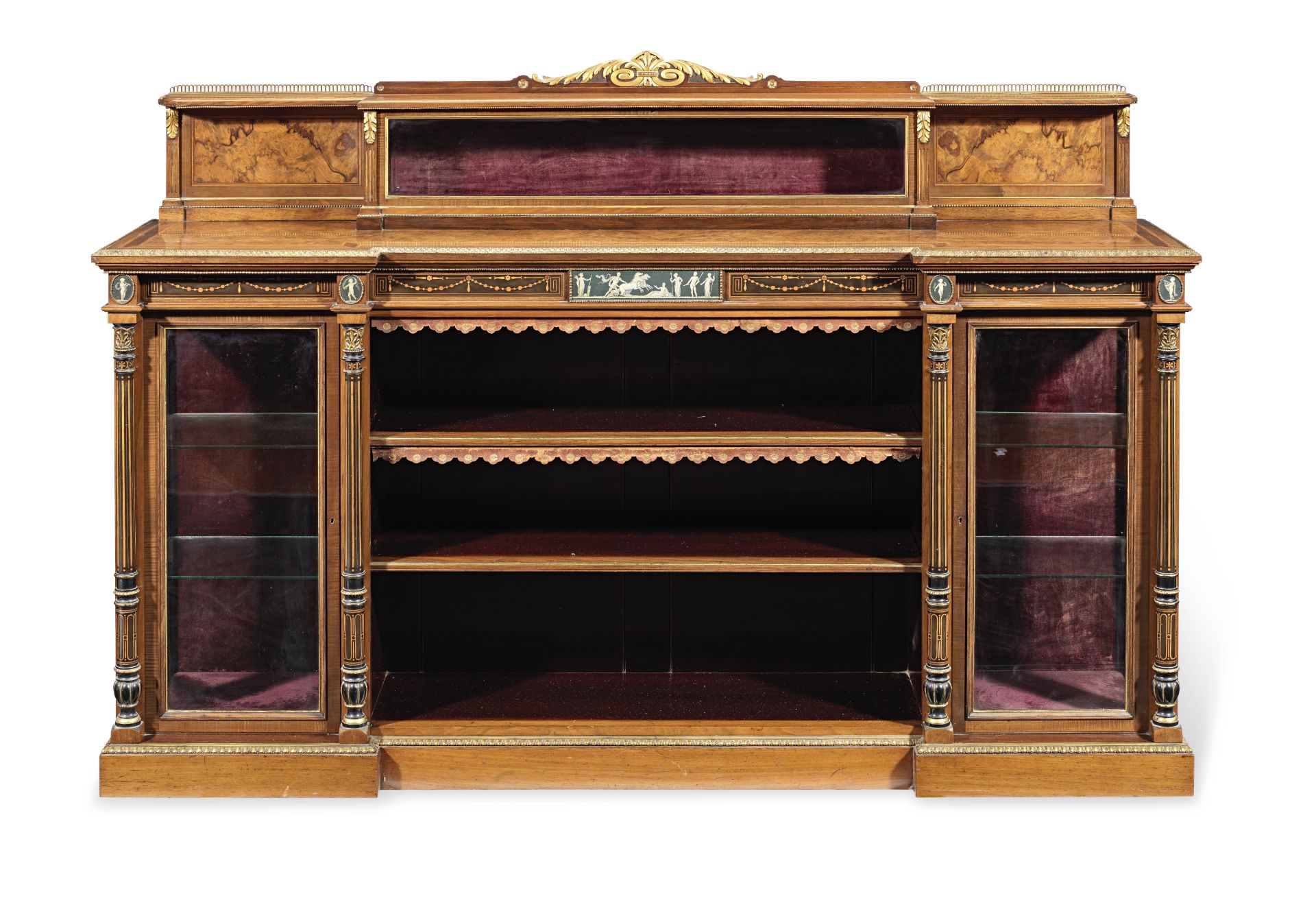 A mid Victorian walnut, purplewood, harewood and inlaid low display cabinet