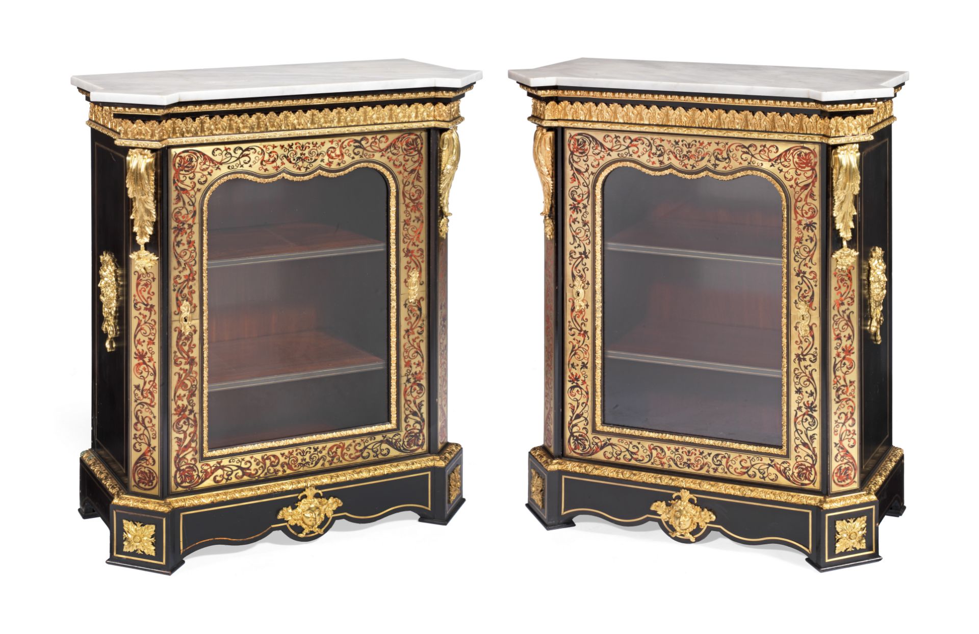 A pair of Napoleon III gilt bronze mounted tortoiseshell and brass 'Boulle' marquetry ebony and e...