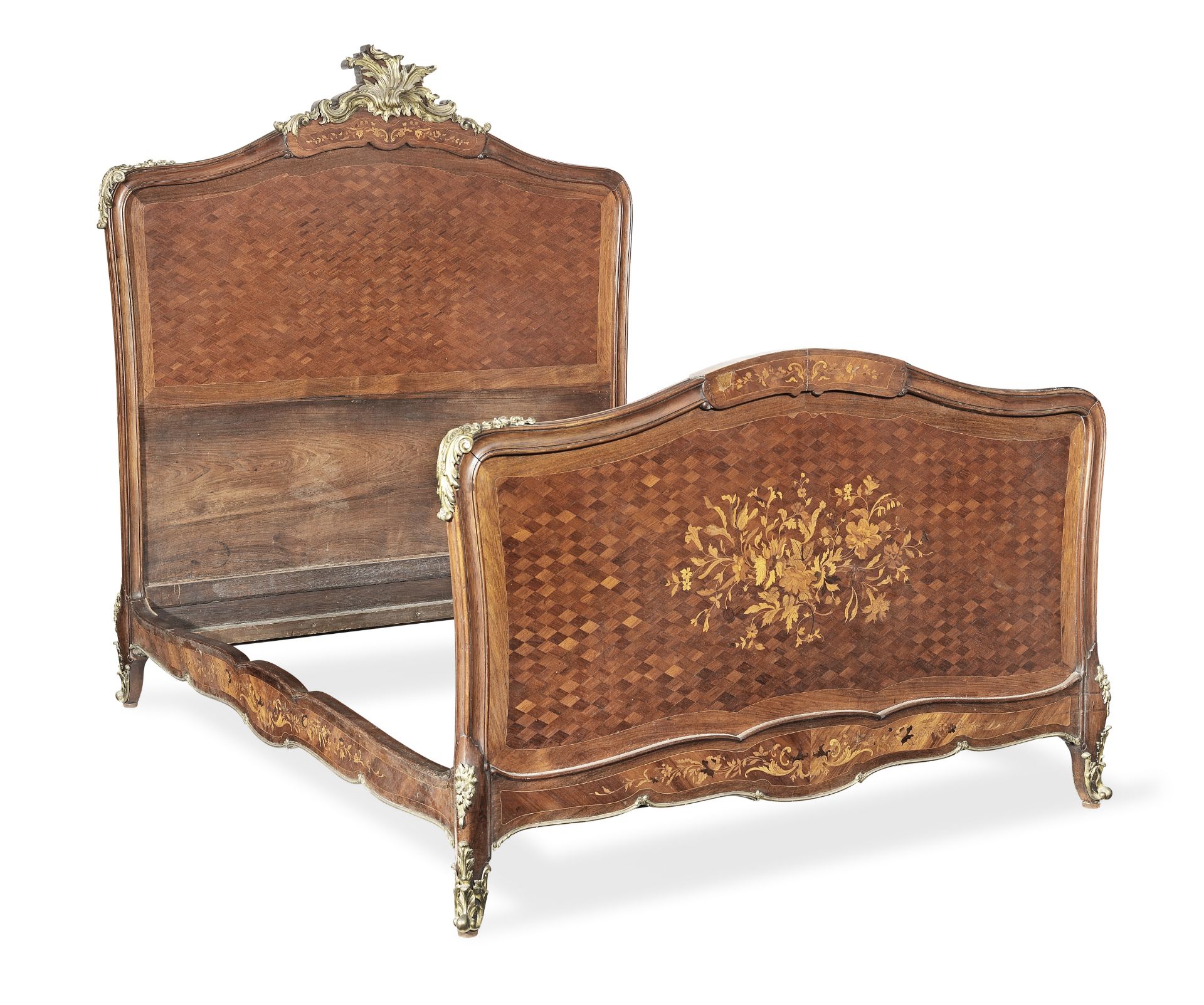 A French late 19th century gilt bronze mounted rosewood, kingwood, bois satine, amaranth marquetr...