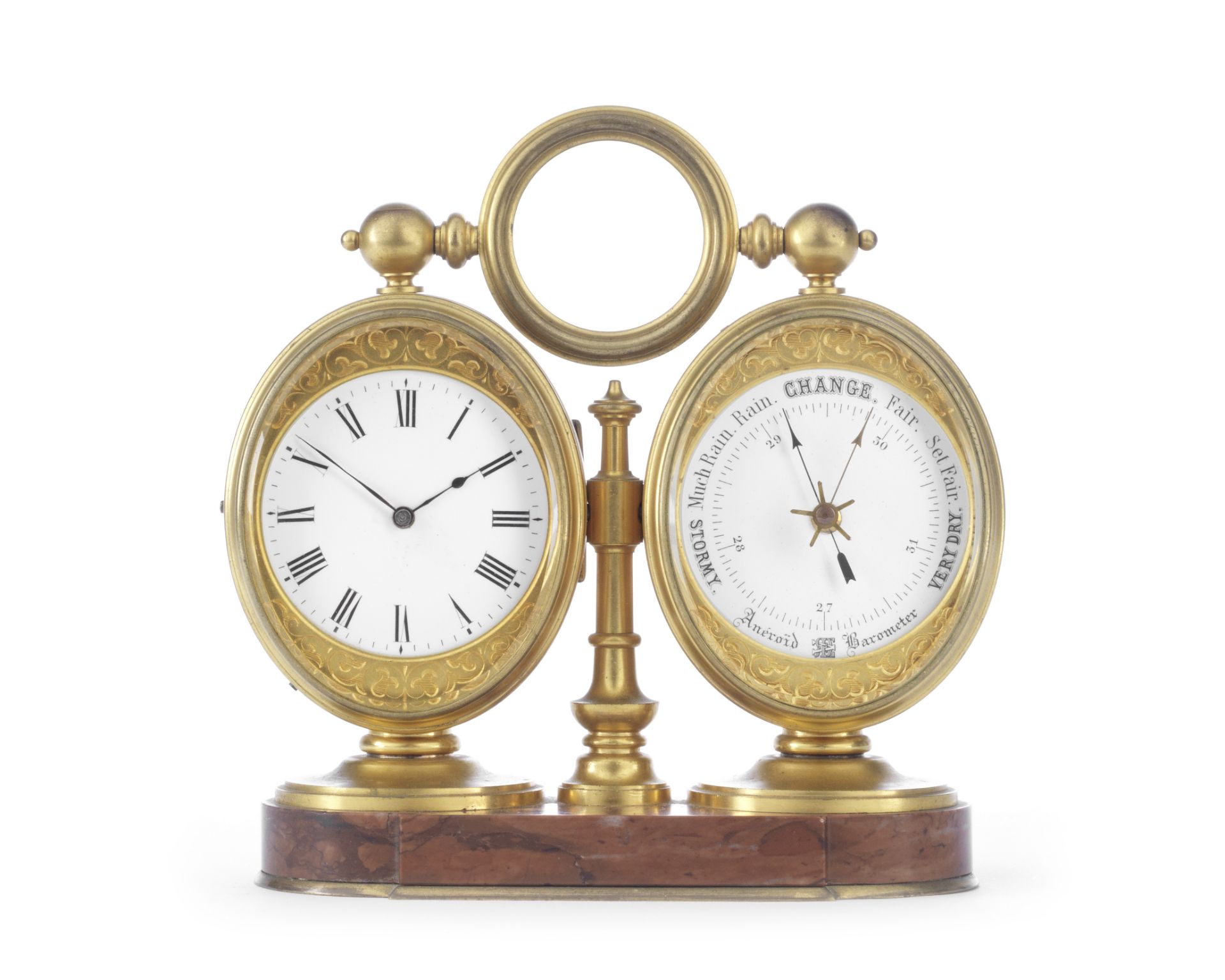 A late 19th century French gilt brass and rouge marble desktop timepiece compendium