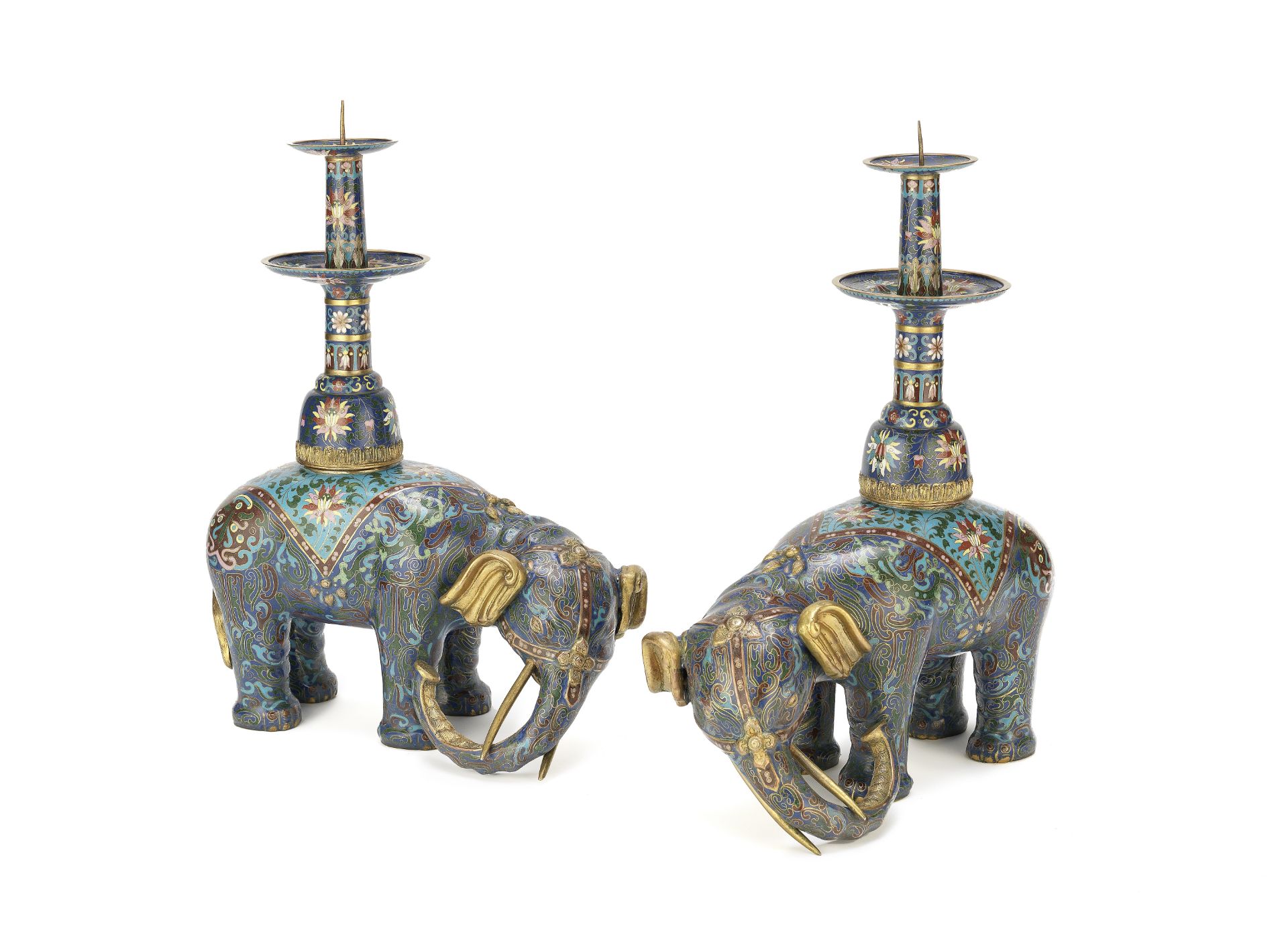 A pair of Chinese cloisonné-enamel 'elephant' pricket candlesticks 19th/20th century (2)