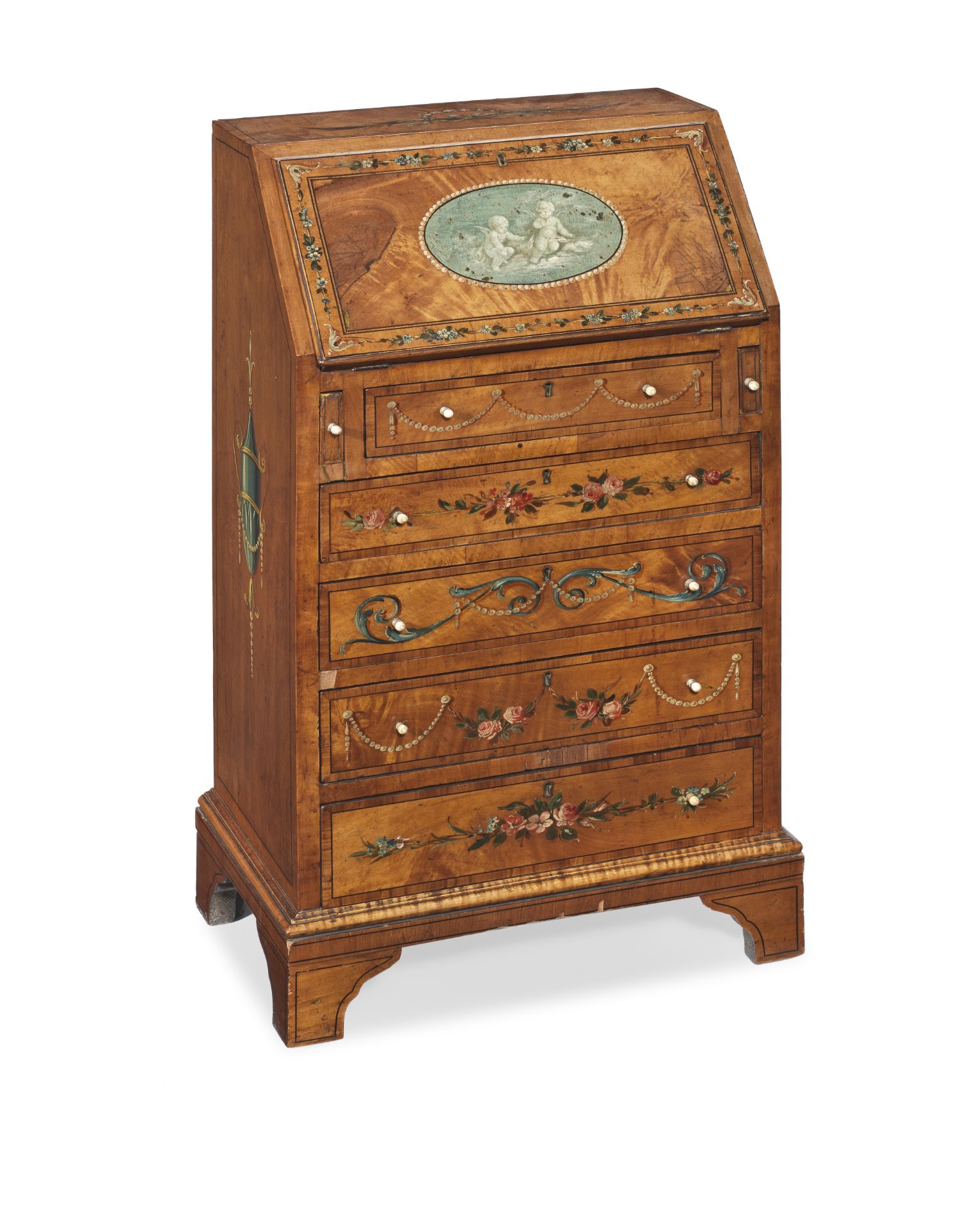 An Edwardian Sheraton revival satinwood, tulipwood crossbanded and polychrome decorated child's b...