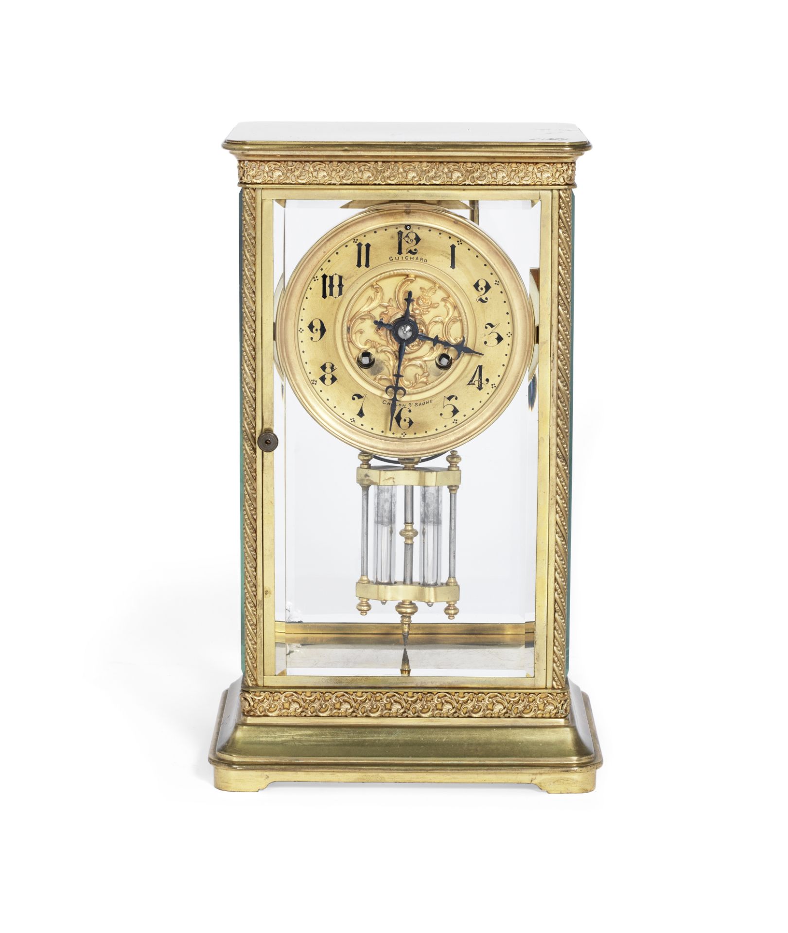 A late 19th / early 20th century gilt brass four glass clock the movement stamped Japy Freres, th...