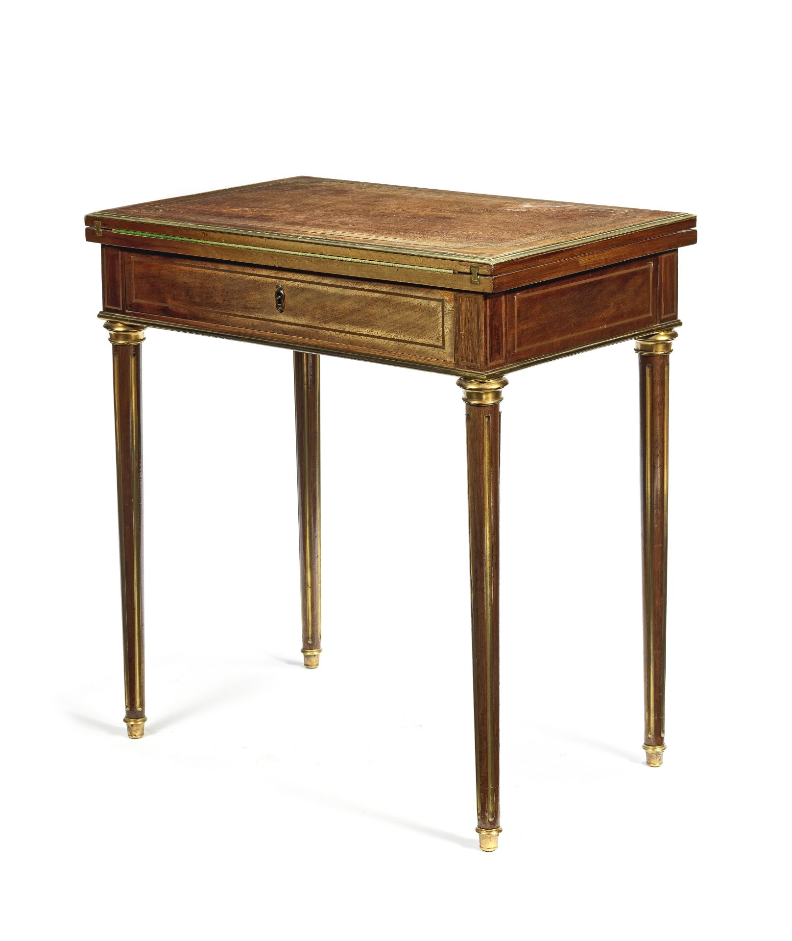 A French late 19th century brass mounted and line-inlaid mahogany card/writing/dressing table in ...