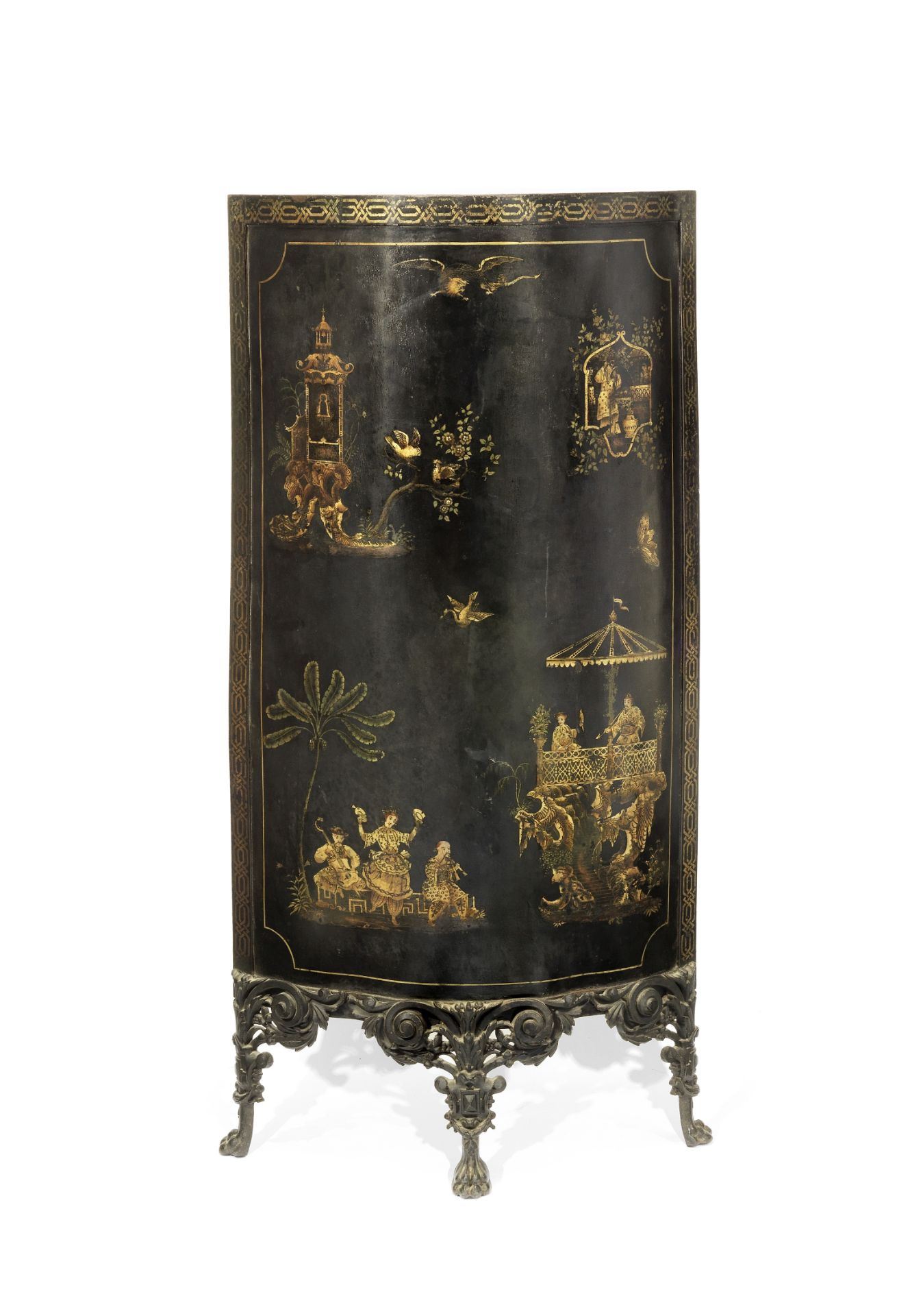 A rare early 19th century bronzed cast-iron and black and gilt Chinoiserie japanned 'tole' fires...