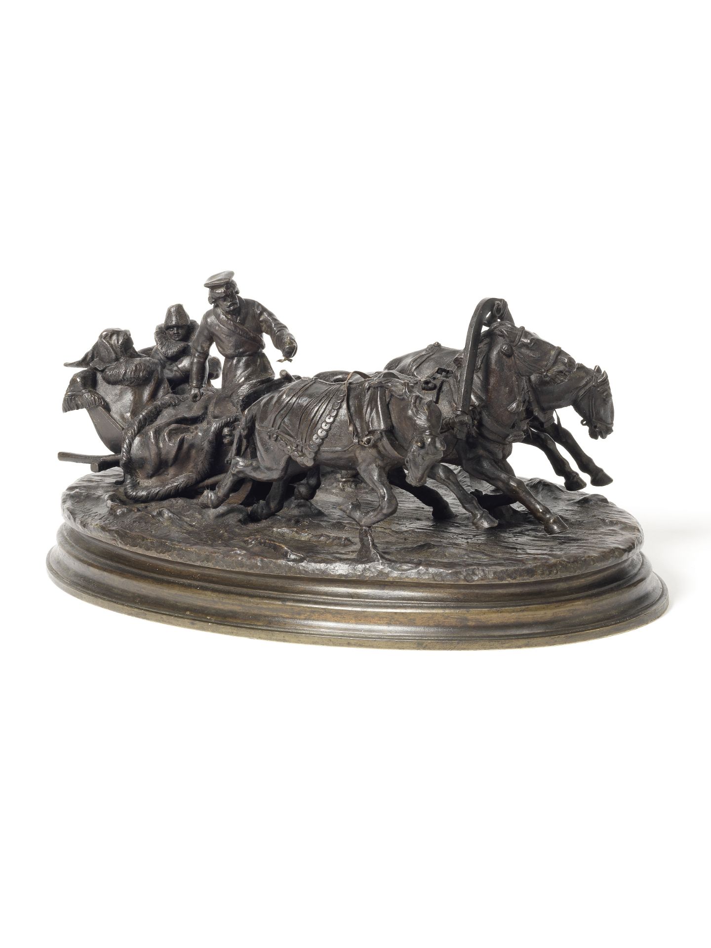 A Russian patinated bronze figural group of a couple in a horse-drawn troika probably 19th centur...