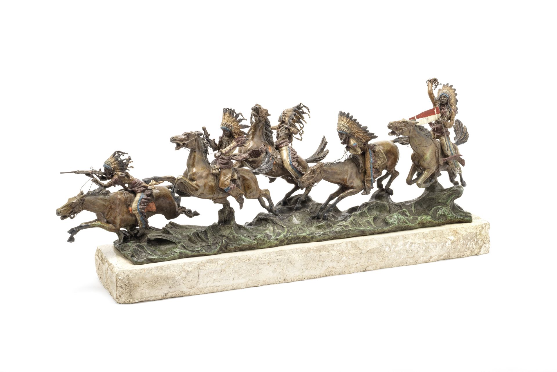 Carl Kauba (Austrian, 1865-1922): A rare cold painted bronze equestrian model of five Native Amer...