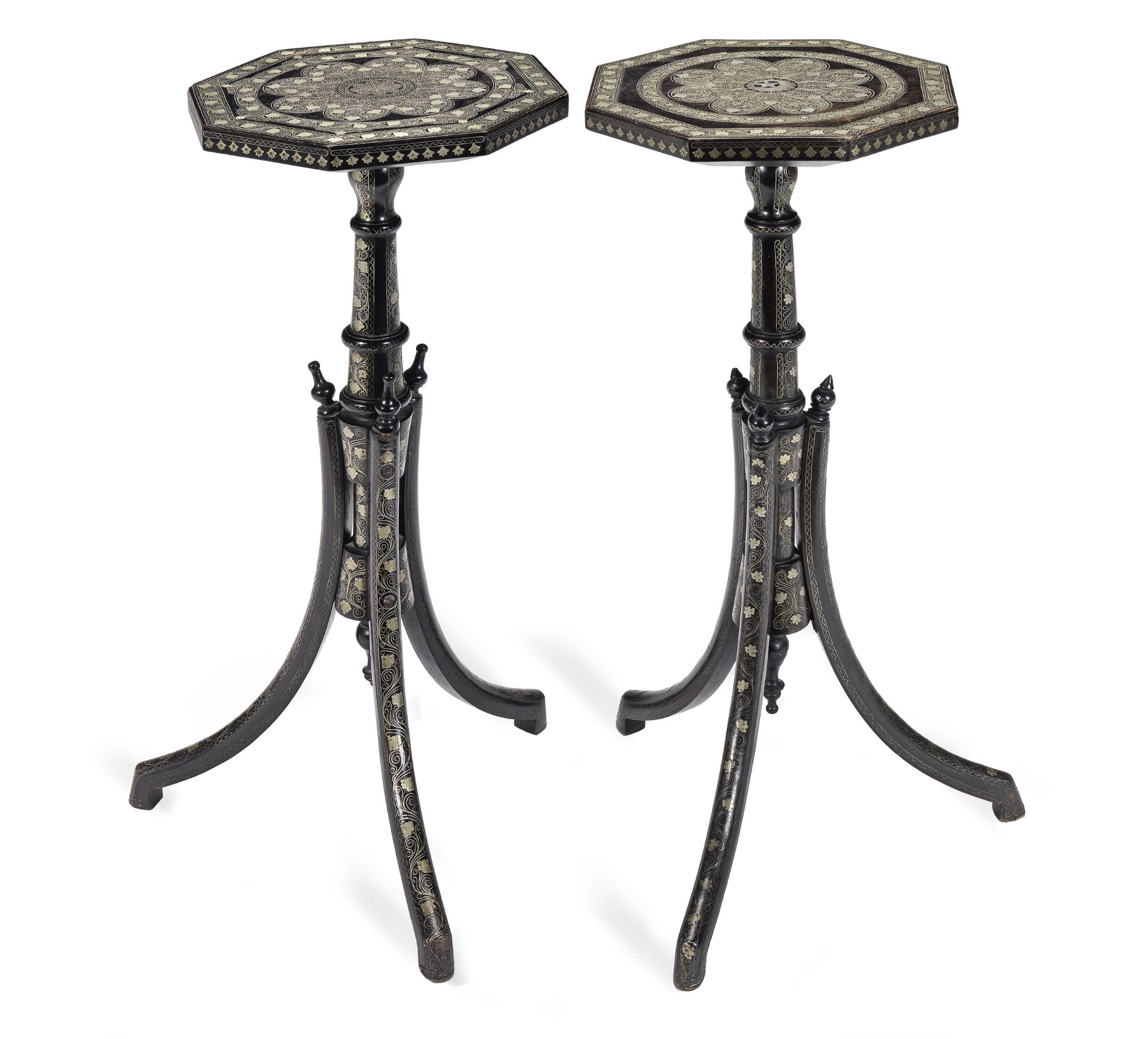 A matched pair of late 19th century Ottoman silvered metal and wirework-inlaid ebonised pedestal ...
