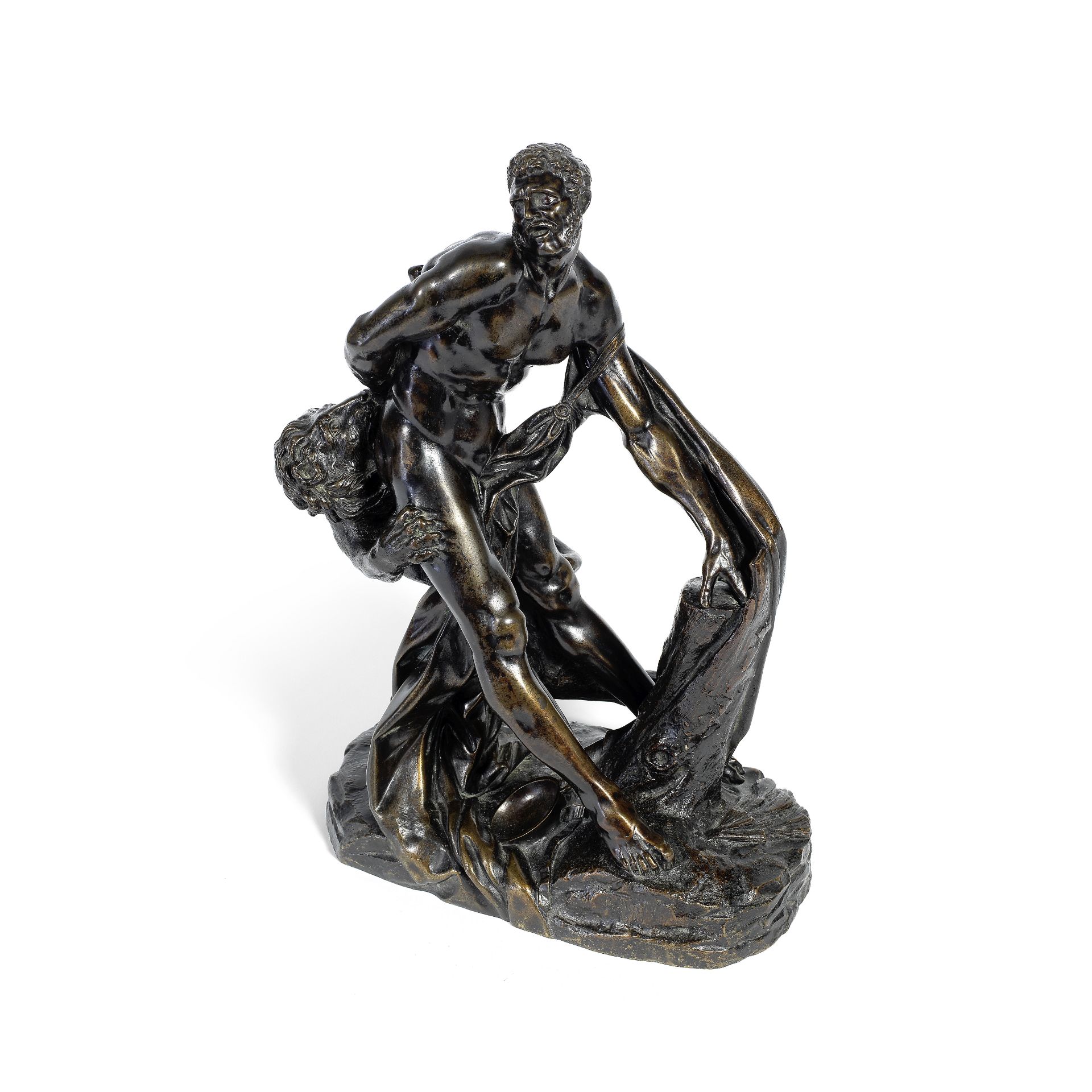 After Pierre Puget (French, 1620 -1694): A 19th century patinated bronze figure of 'Milo of Croton'