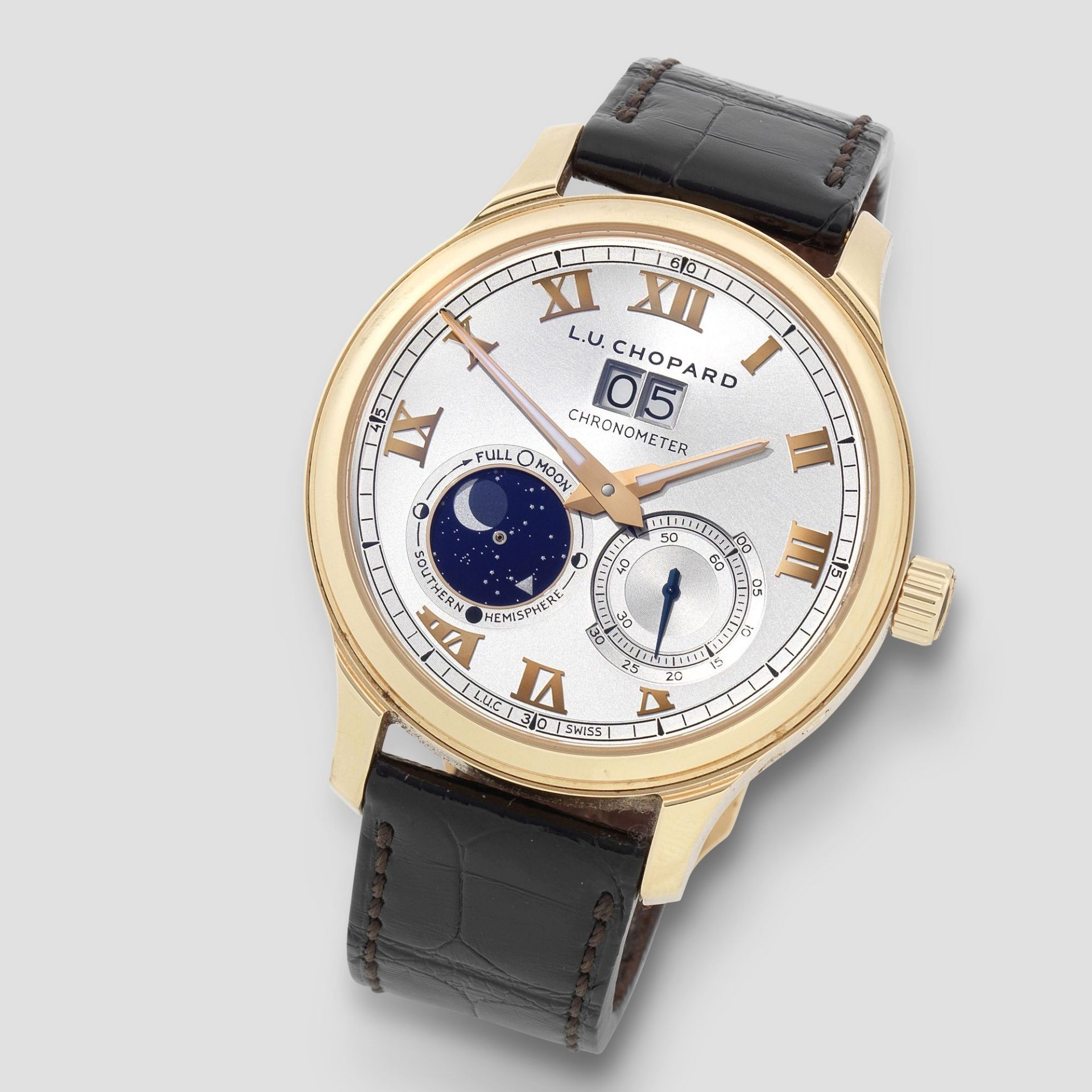 Chopard. An 18K rose gold automatic calendar wristwatch with moon phase Lunar Big Date, Ref: 196...