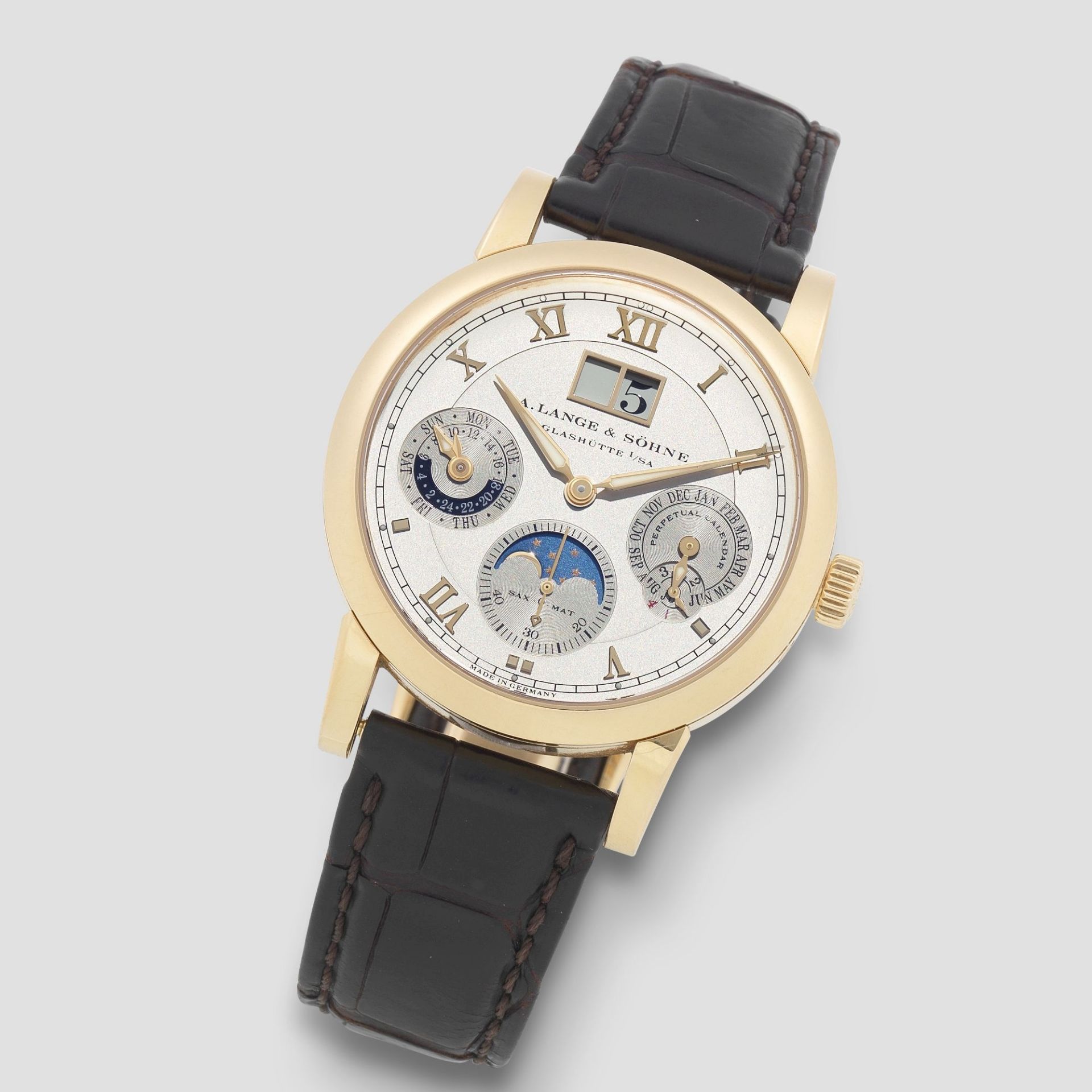 A. Lange & Söhne. A fine 18K rose gold perpetual calendar chronograph wristwatch with moon phase ...