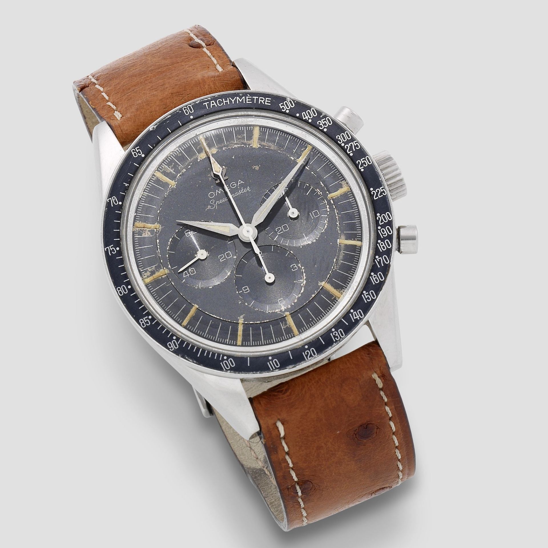 Omega. An unusual stainless steel manual wind chronograph bracelet watch with grey dial Speedmas...